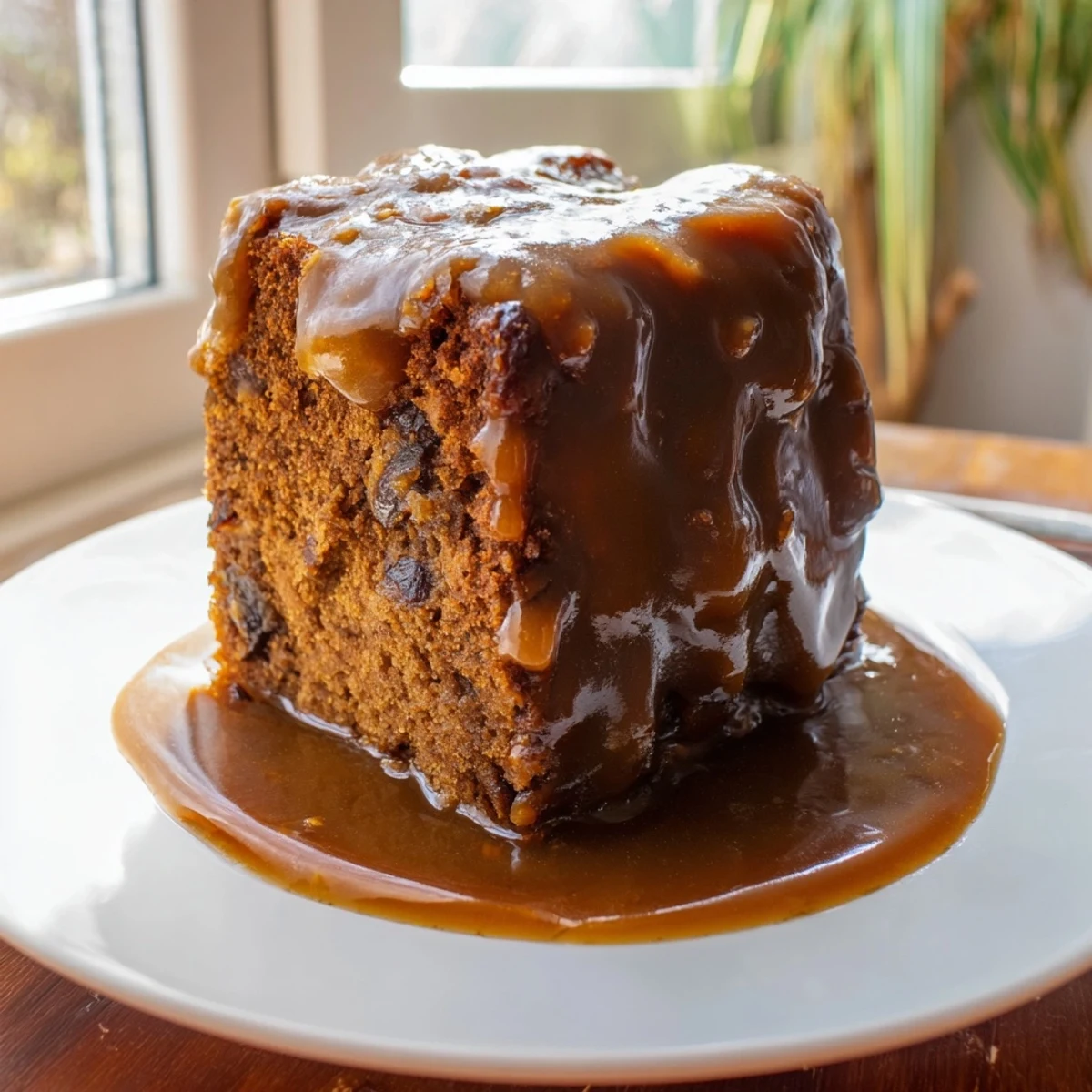 A moist slice of Sticky Toffee Pudding drizzled with decadent toffee sauce, ready to serve.