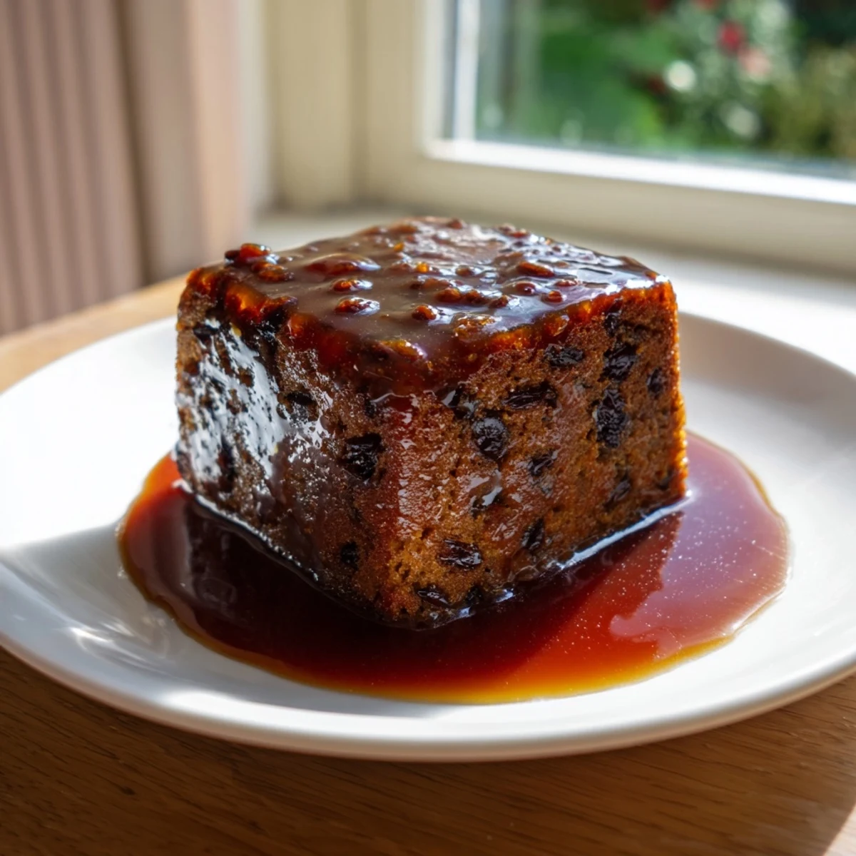Warm Sticky Toffee Pudding, a classic British dessert, with rich toffee sauce and dates visible.