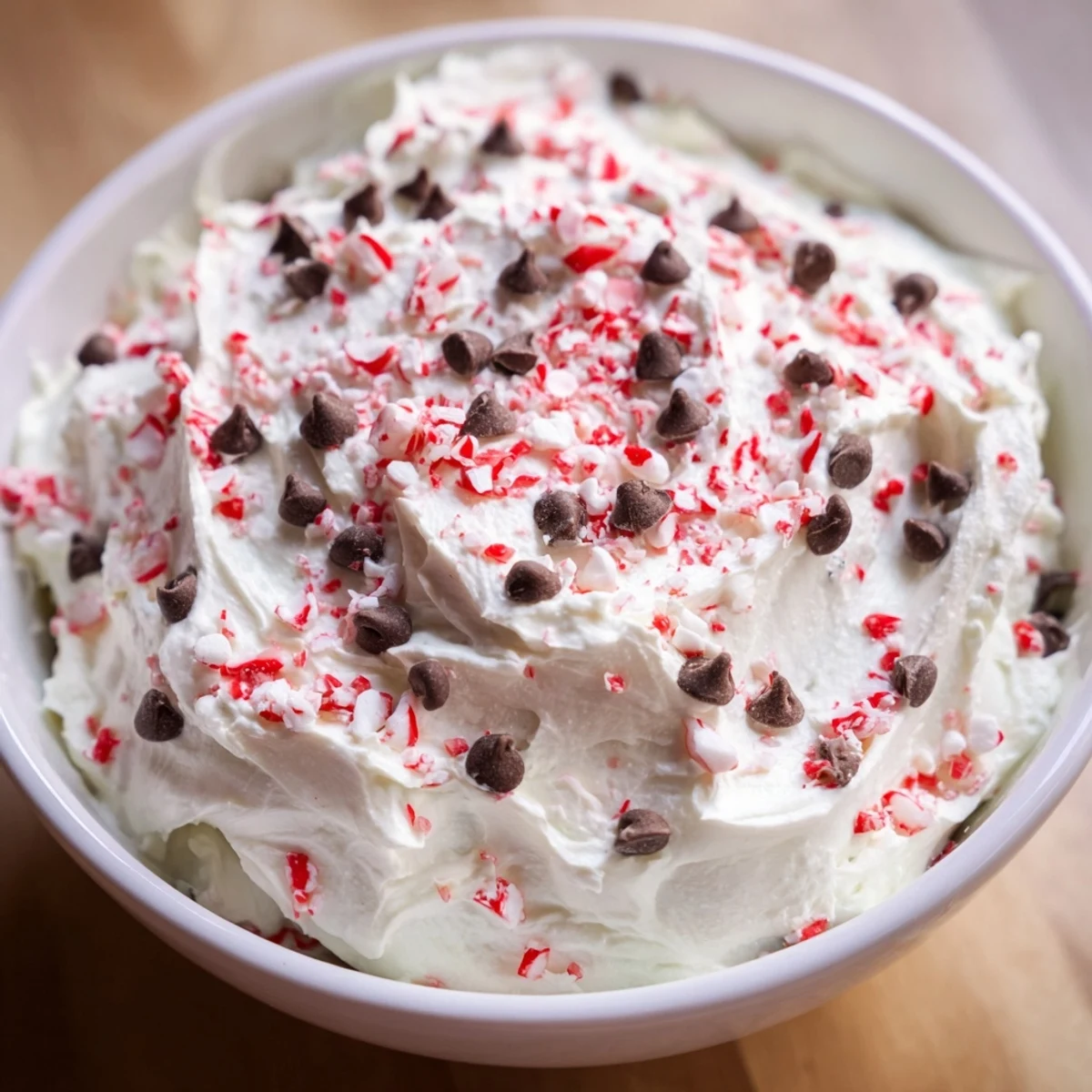 Peppermint Fluff Dip presented with colorful crushed peppermint on top, ready to be enjoyed.