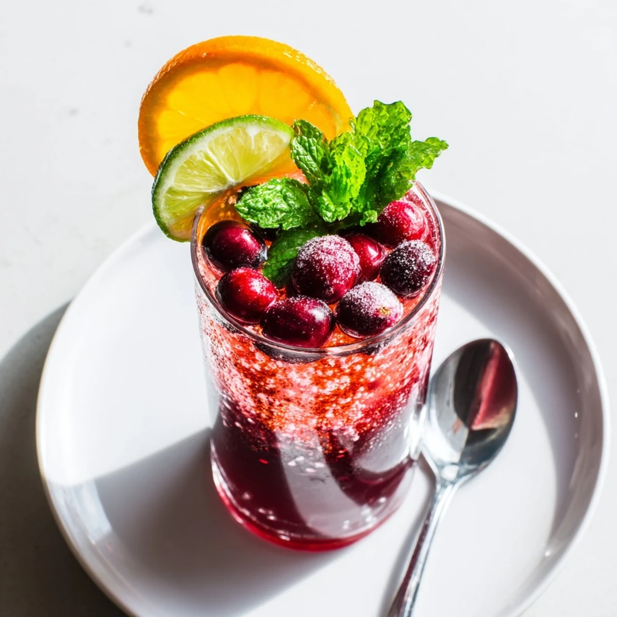 Bright red Cranberry Juice Sparkler, garnished with fresh cranberries, perfect for a summer gathering.