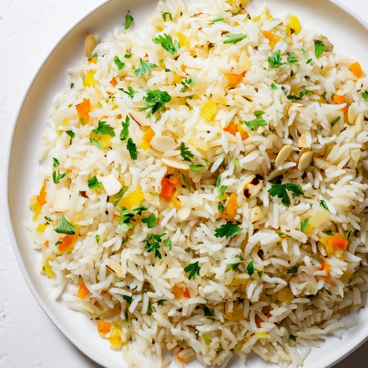 Steaming bowl of delicious Savory Rice Pilaf, featuring tender vegetables and toasted nuts.