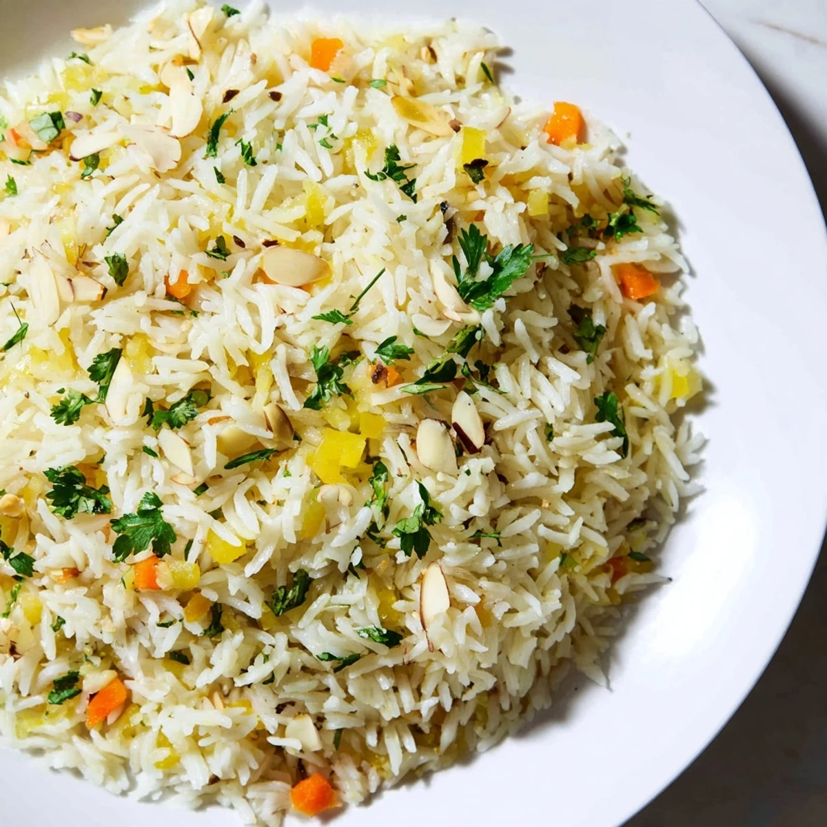 Close-up of perfectly cooked Savory Rice Pilaf, a comforting, flavorful vegetarian side dish.
