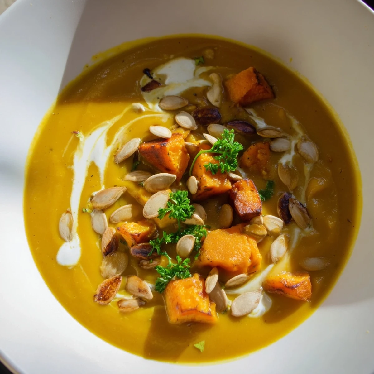 Creamy, smooth Roasted Pumpkin Soup, featuring warm spices, perfect for a cozy autumn dinner.