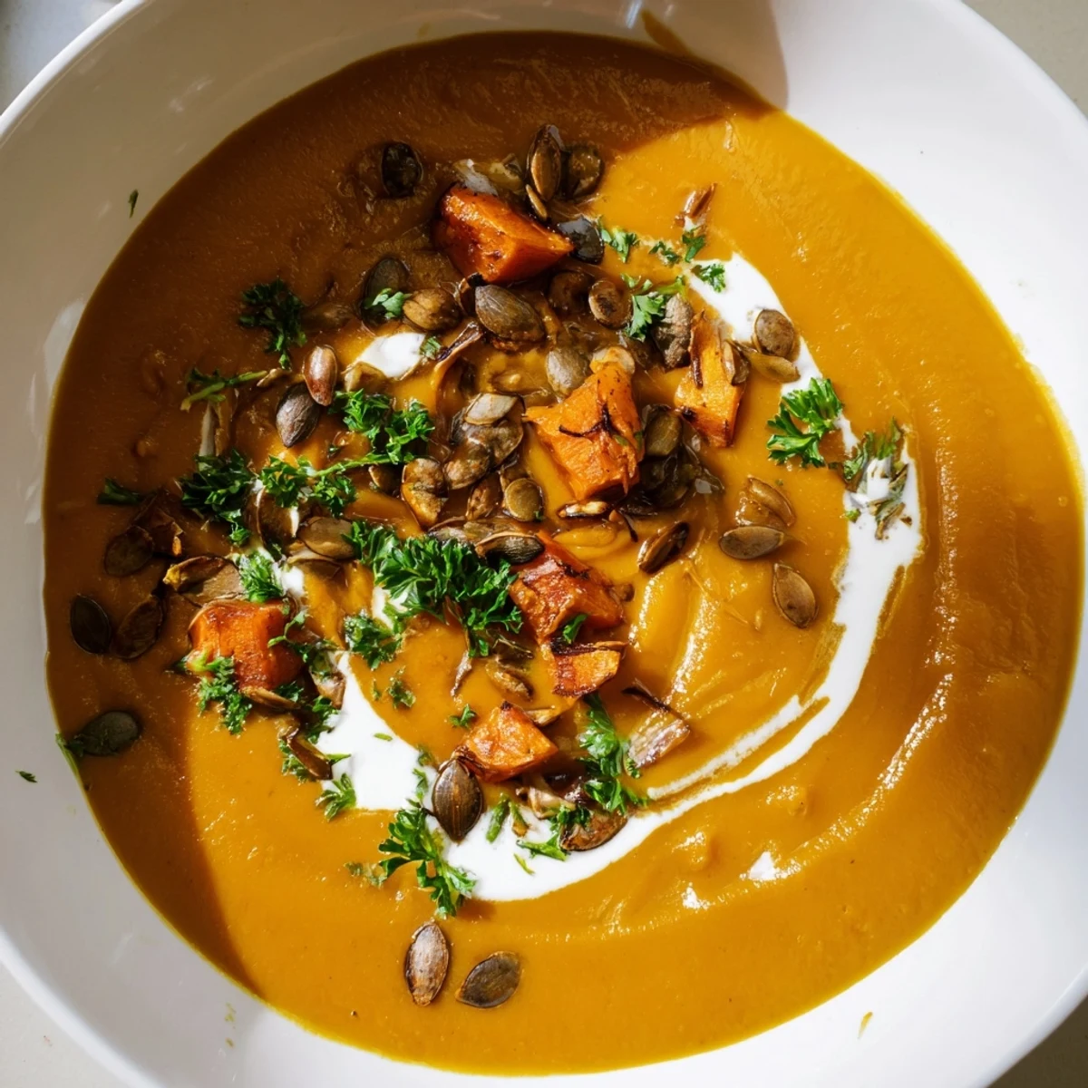 Golden Roasted Pumpkin Soup, a velvety blend with roasted vegetables, ideal for the chilly weather.