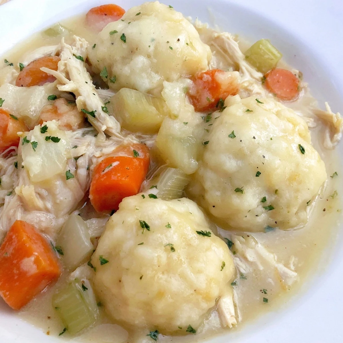 Tender slow cooker chicken and dumplings, a warm, savory stew with fluffy dumplings floating.
