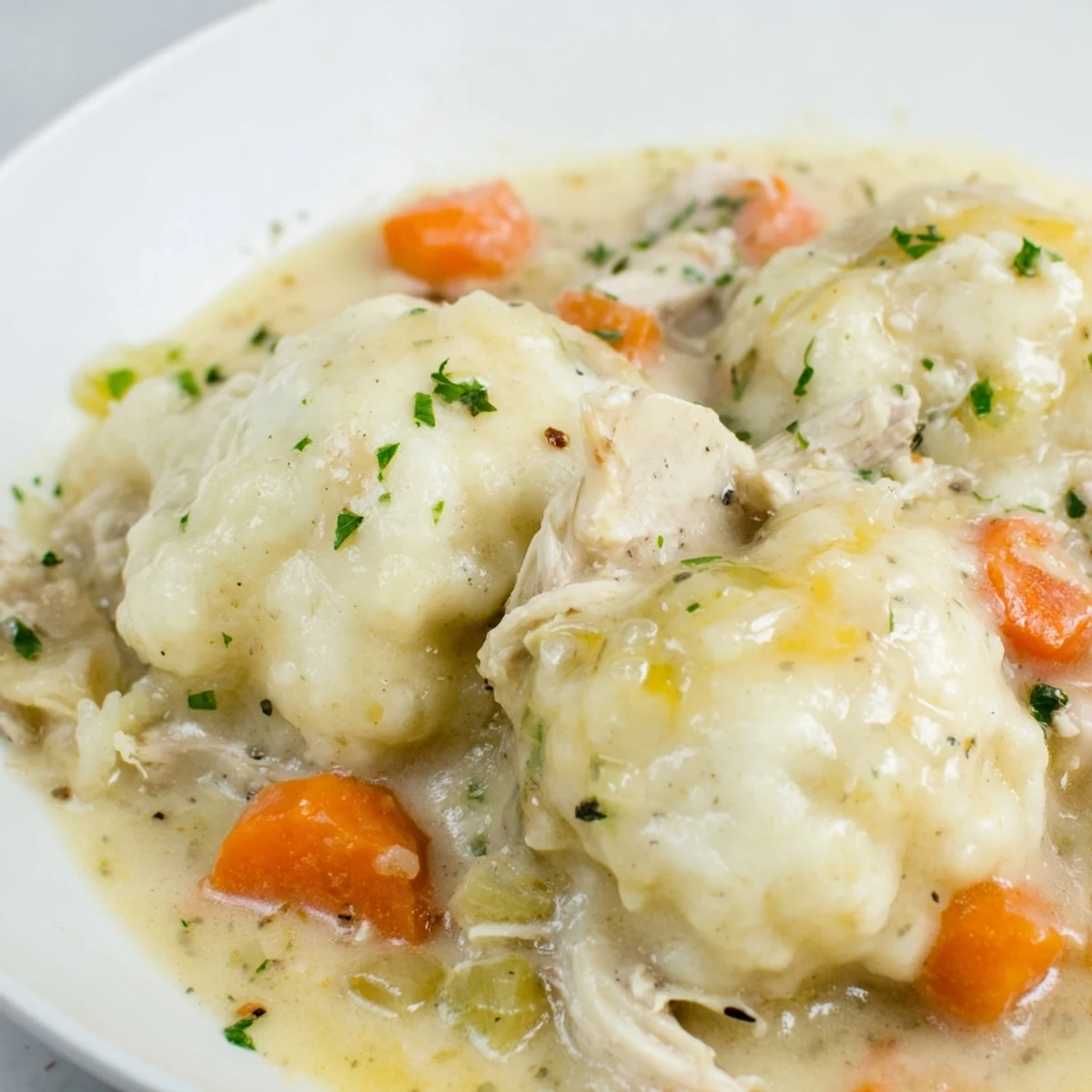 Creamy homemade slow cooker chicken and dumplings bubbling in the crock pot, ready to serve.
