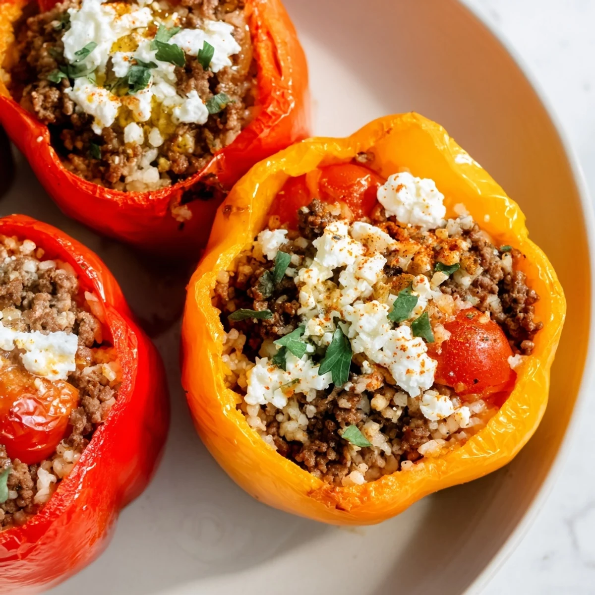 Tender Mediterranean Stuffed Bell Peppers with beef, a colorful and flavorful baked main course for dinner tonight.