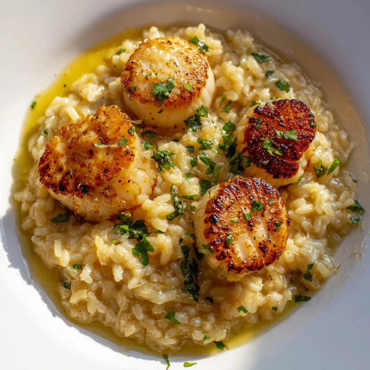 Savory Lemon Garlic Scallops, quickly cooked in butter sauce, plated with rich risotto.