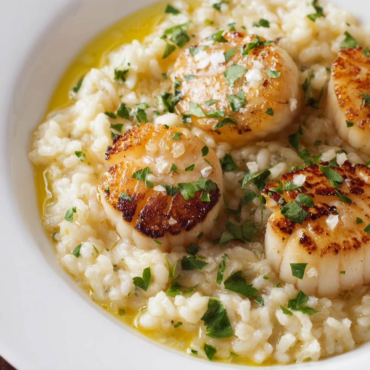 Golden, seared Lemon Garlic Scallops atop creamy Parmesan risotto, a delicious Italian dinner.