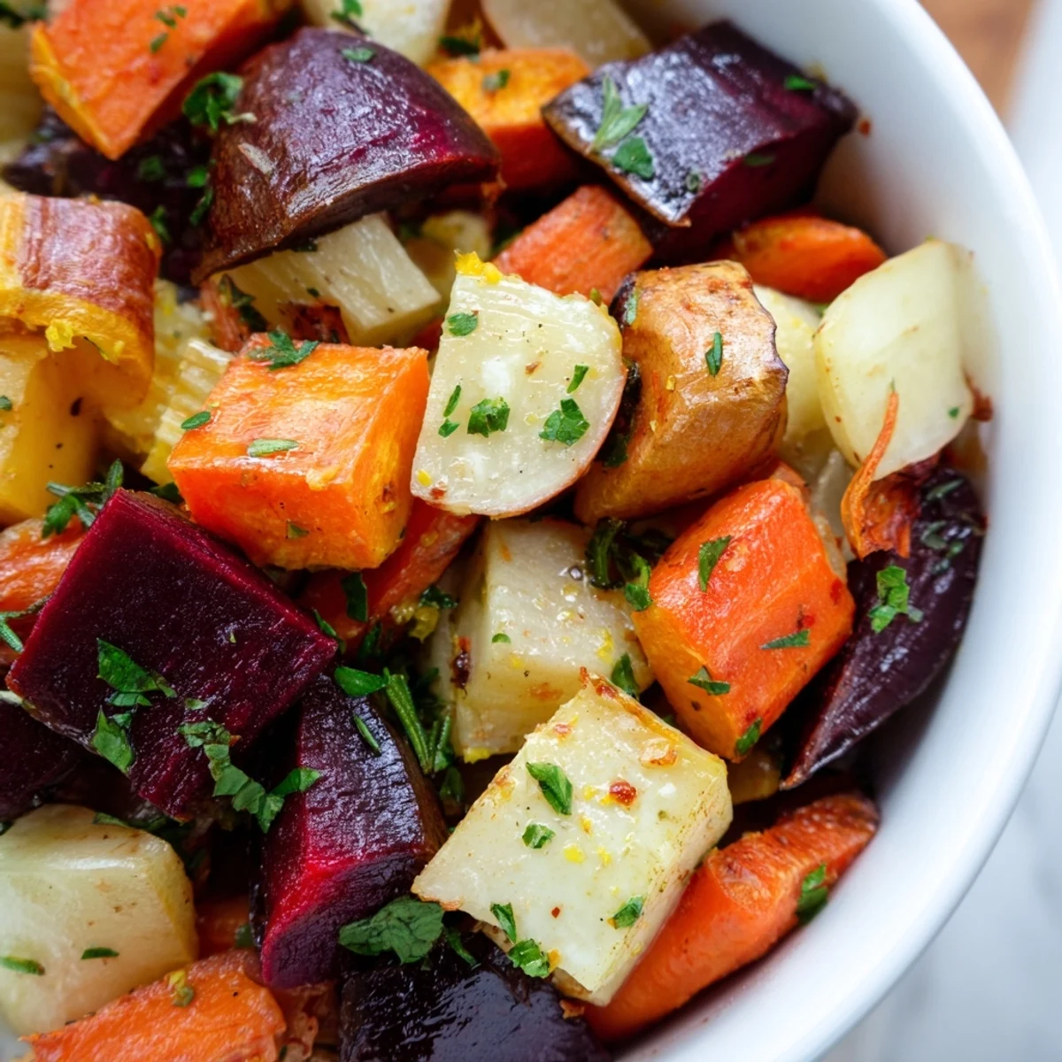 Trio de légumes-racines rôtis, dorés, aux herbes fraîches, pour un festin savoureux.