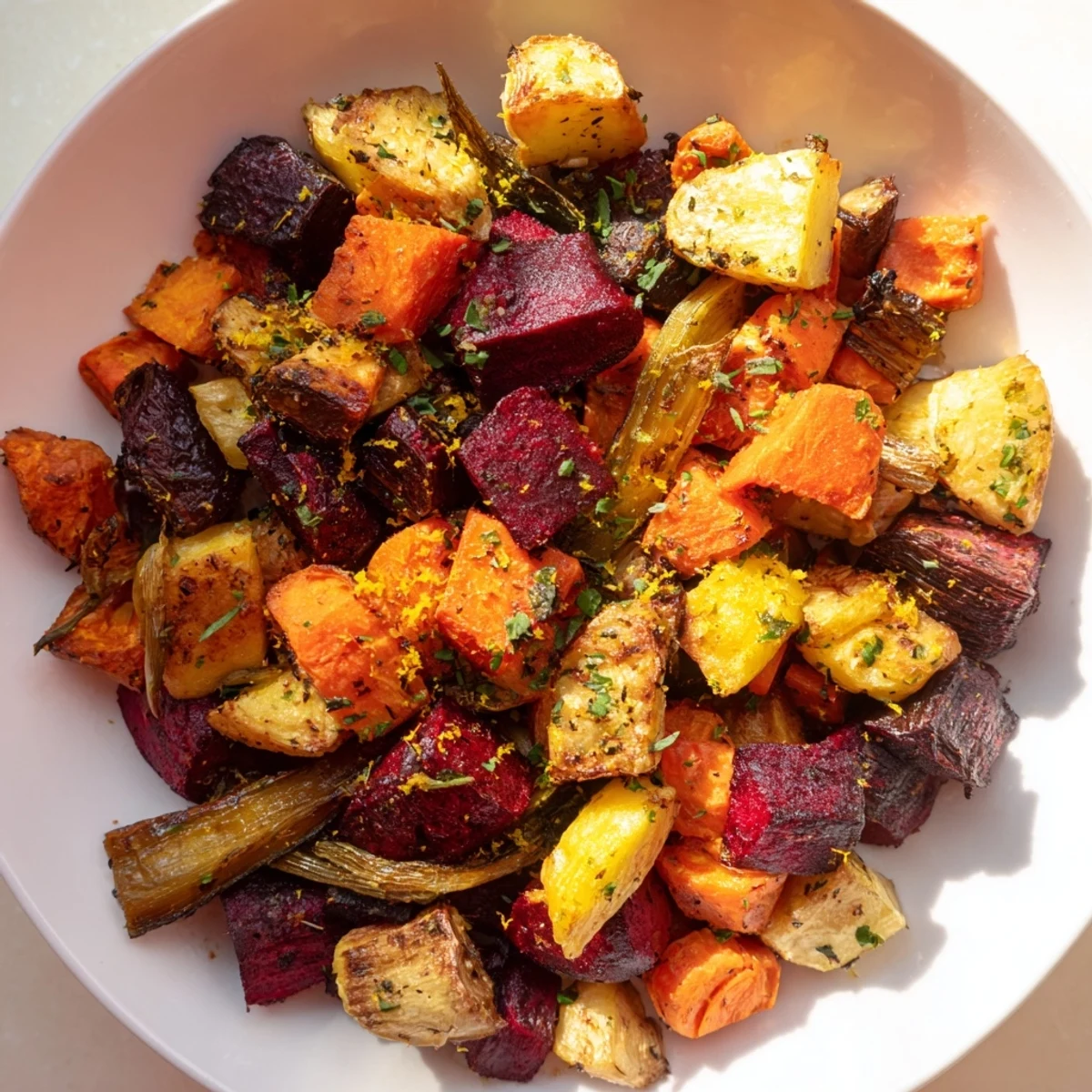 Saveurs automnales dans ce medley de légumes-racines rôtis, une accompagnement délicieux et sain.