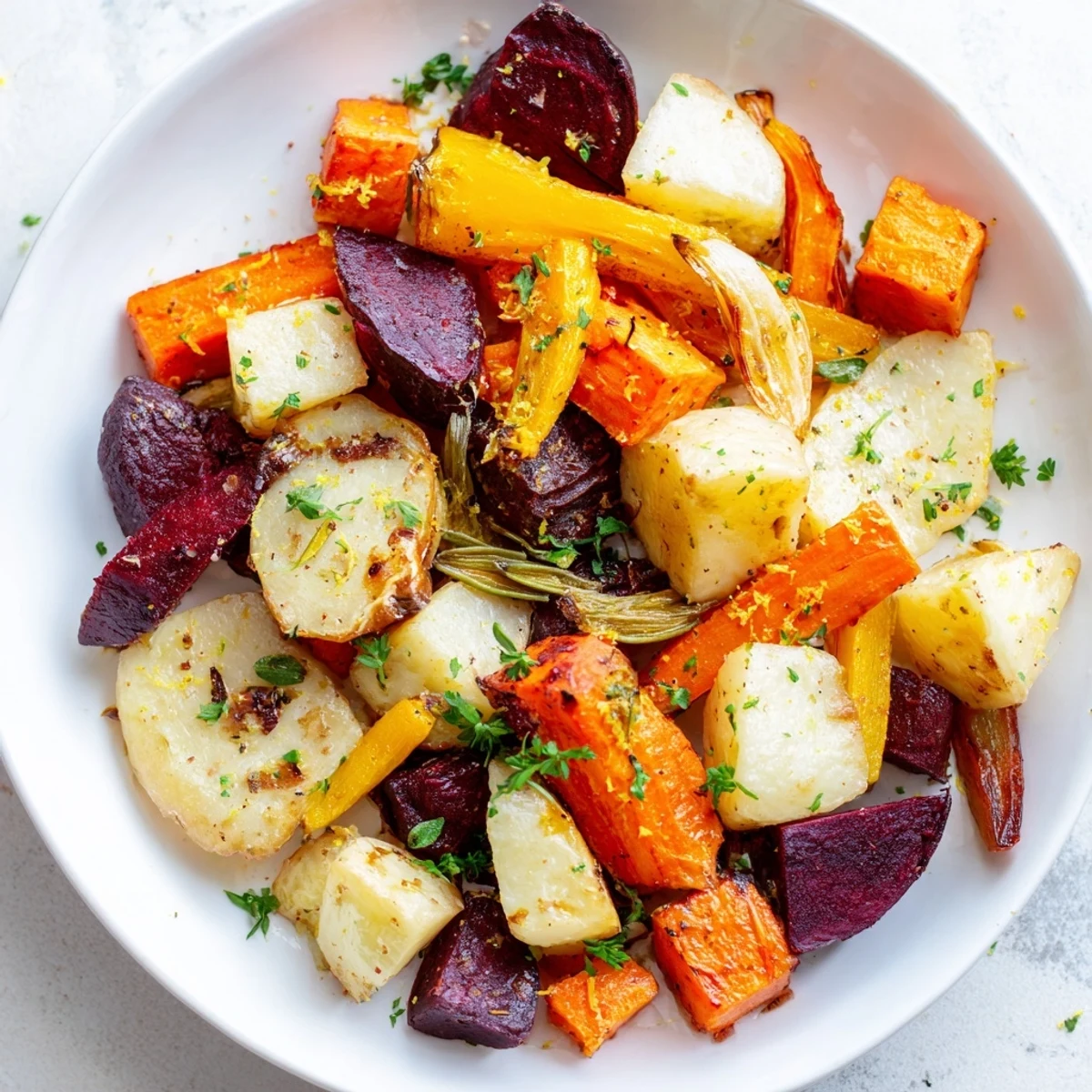 Un plat de méli-mélo de légumes-racines rôtis, coloré et aromatique, garni de persil frais.