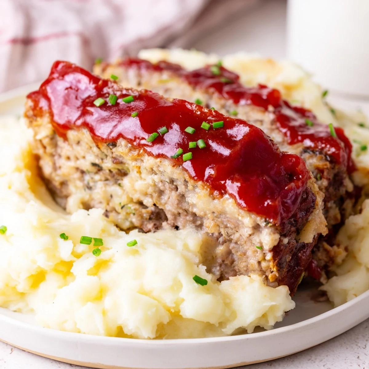 Tender slices of turkey meatloaf with mashed potatoes, a classic American comfort food.