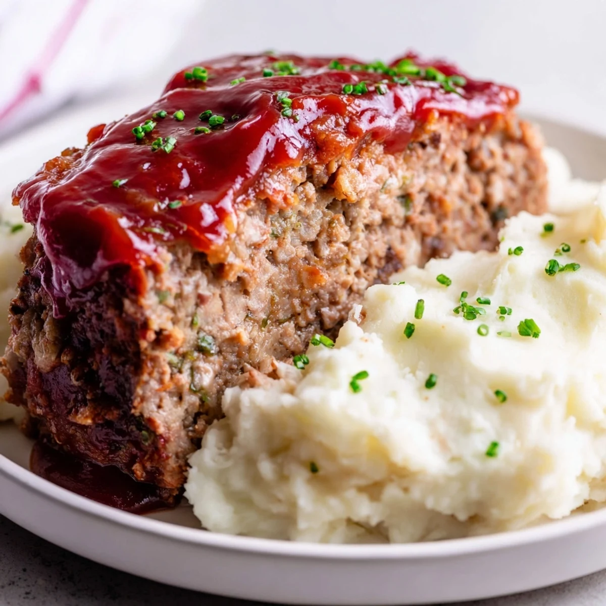 A close-up of savory turkey meatloaf glazed and served with fluffy mashed potatoes.