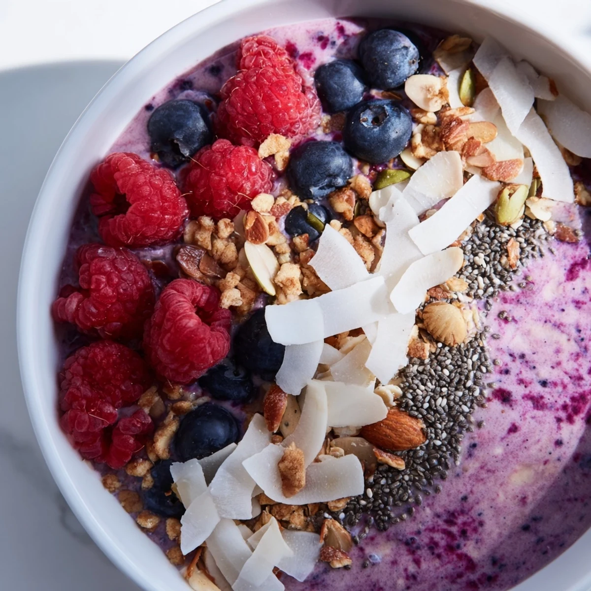 Enjoy a refreshing Winter Berry Smoothie Bowl, bursting with vibrant colors and various textures.