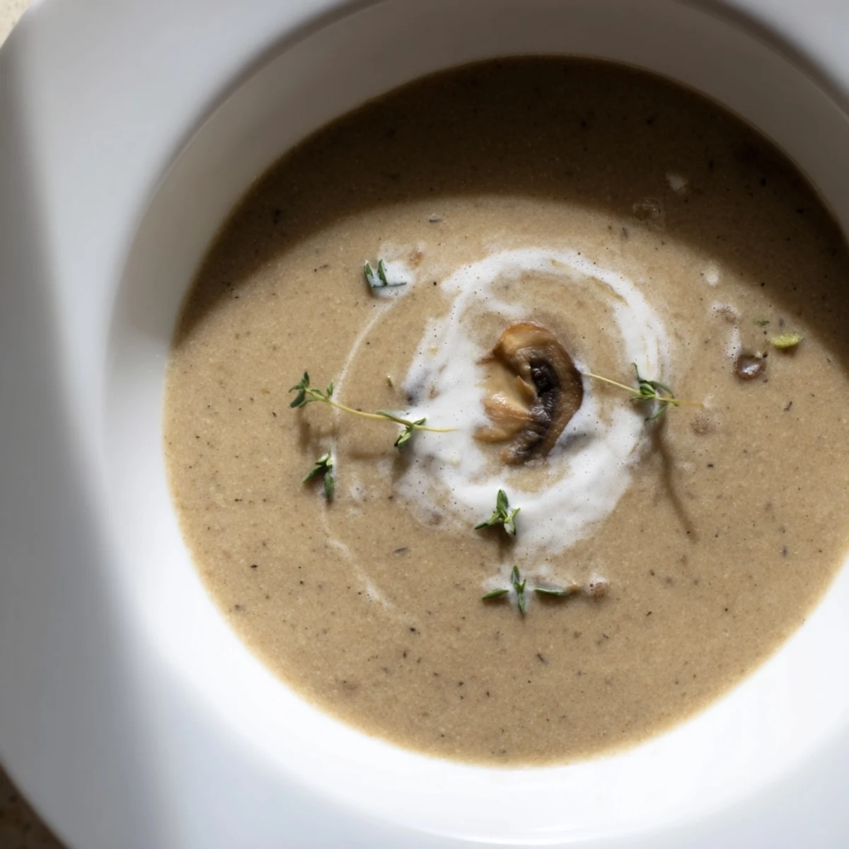A steaming bowl of Creamy Mushroom Soup with fresh thyme garnish, ready to enjoy.