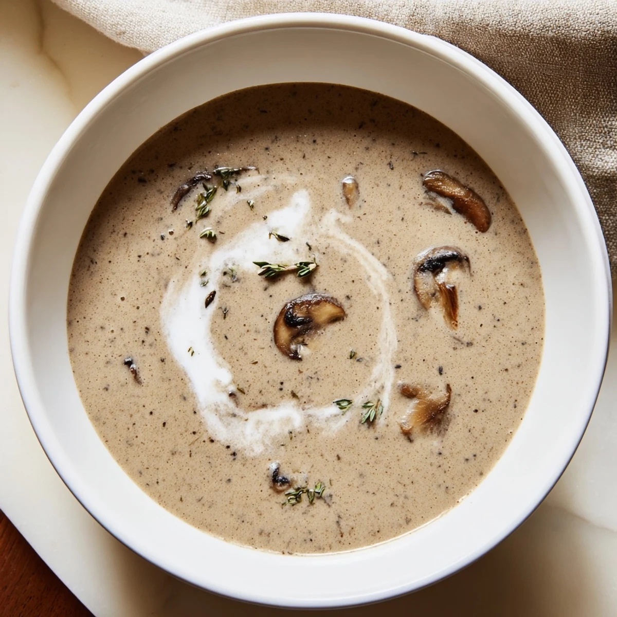 Thick and velvety, this Creamy Mushroom Soup is a comforting vegetarian meal, ready to serve.
