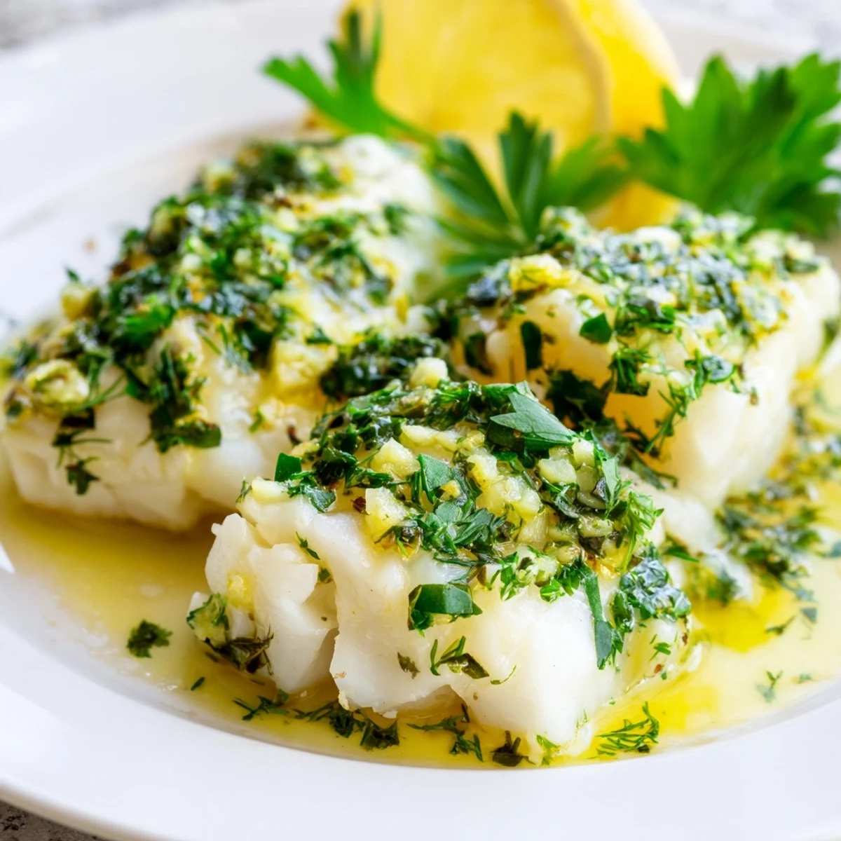 Golden, flaky Baked Cod with Garlic Butter and Herbs, garnished with fresh herbs, ready to enjoy.