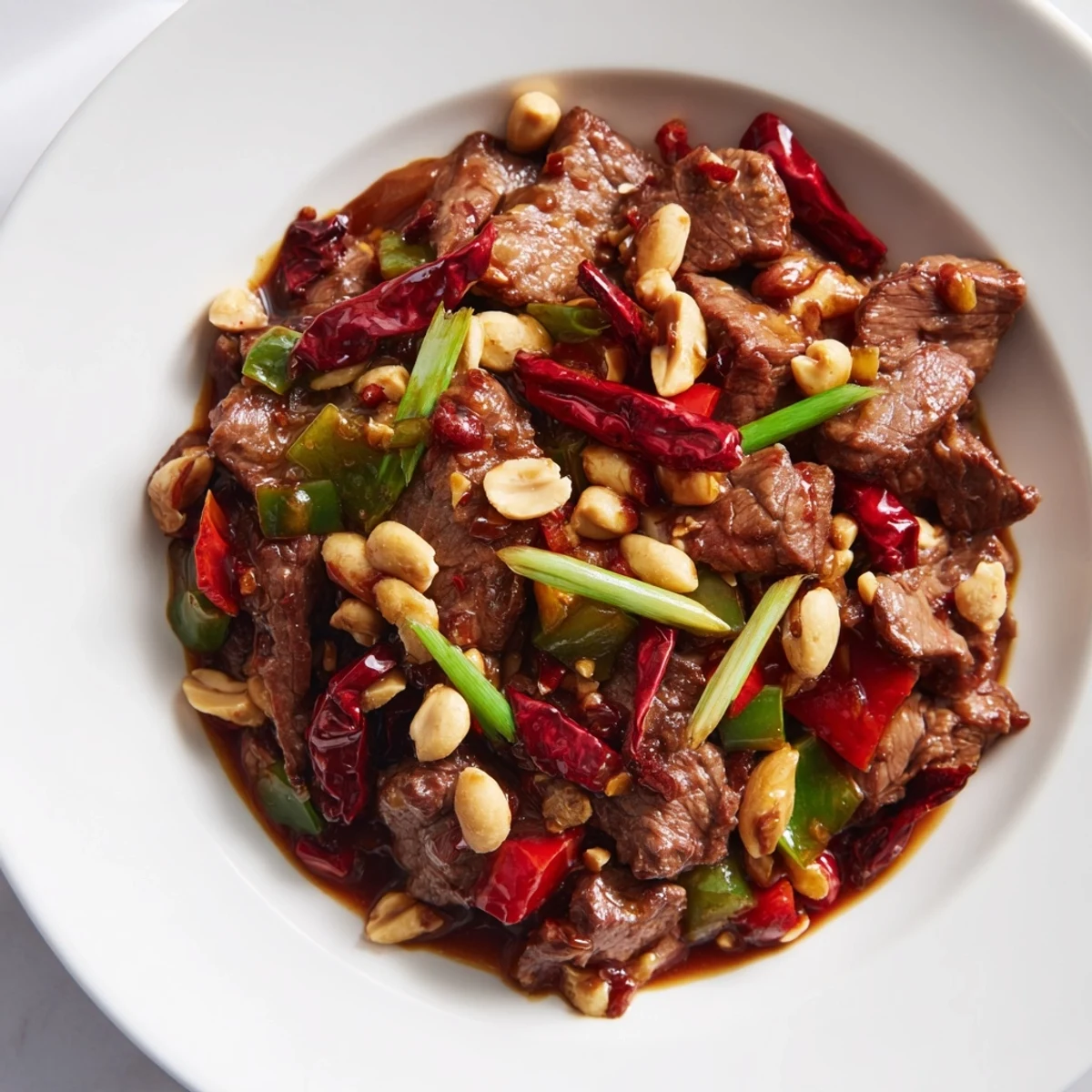 Savory Spicy Kung Pao Beef: Tender beef, peanuts, and peppers sizzle in a rich, flavorful sauce.