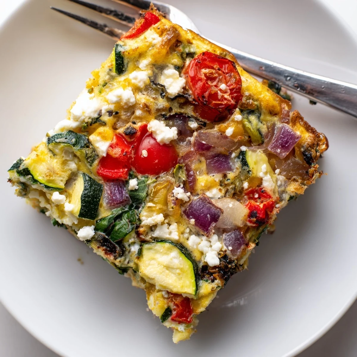 A close-up of a vibrant roasted vegetable frittata, with feta cheese, promising a savory, delicious meal.