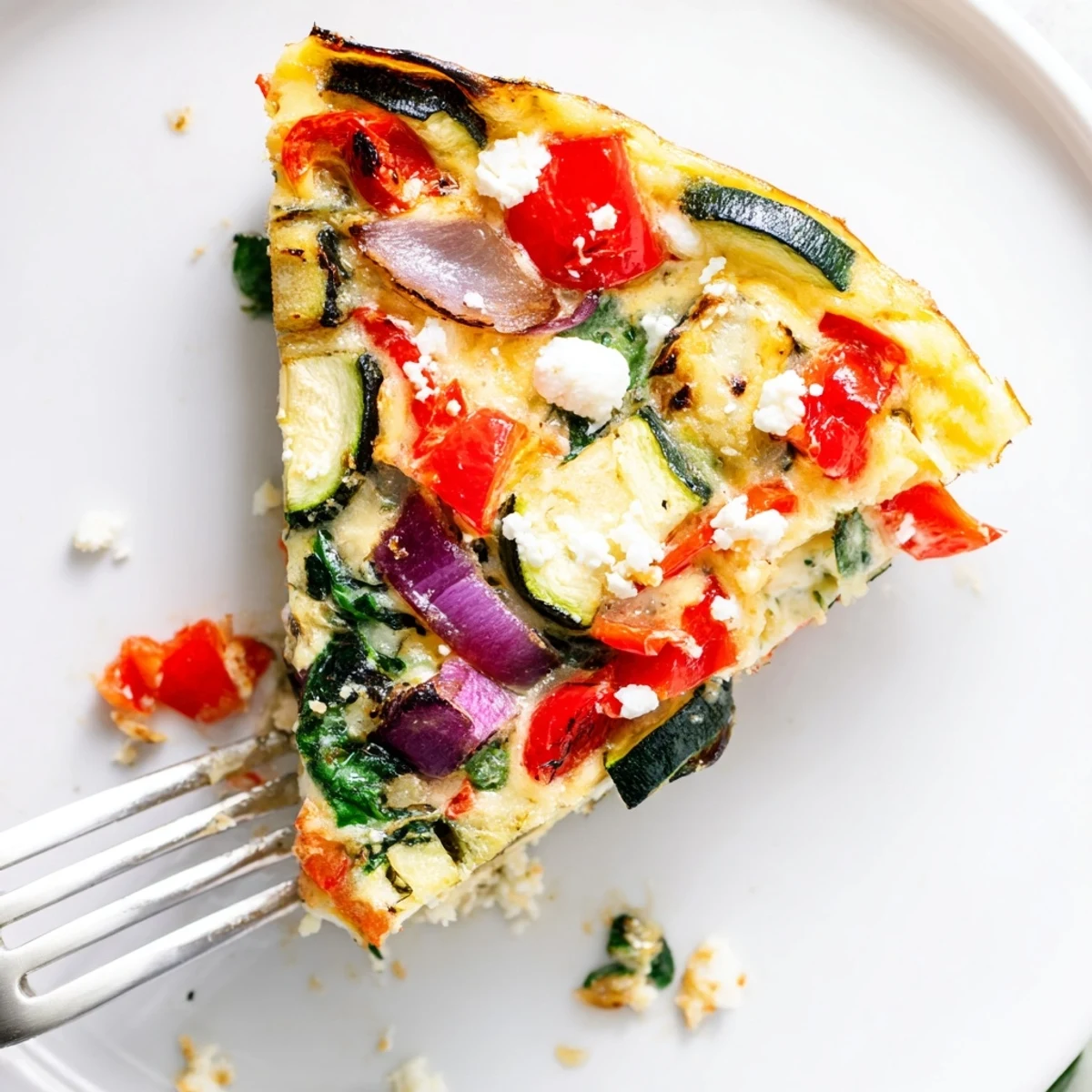 A golden-brown roasted vegetable frittata, showcasing caramelized veggies within fluffy eggs, ready to serve.