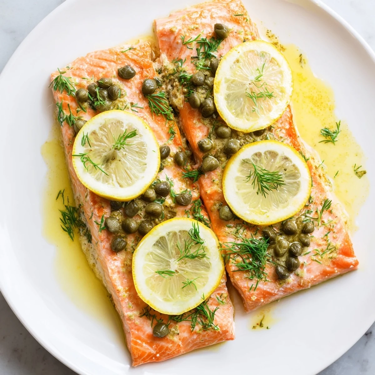 Juicy baked salmon with dill, capers, and lemon served, a flavorful and healthy main course.