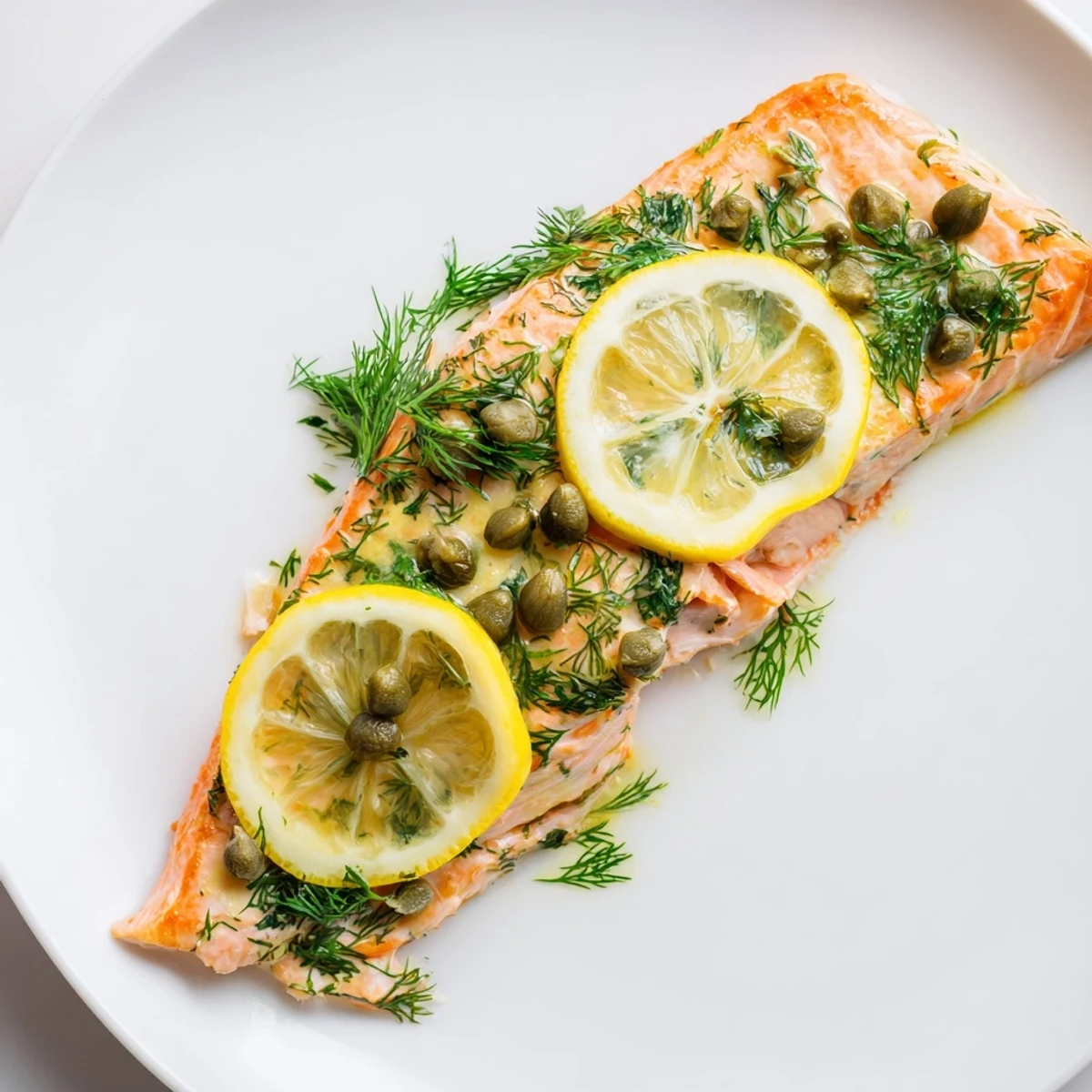 Close-up of baked salmon with dill and capers, perfectly cooked and ready to serve with lemon slices.