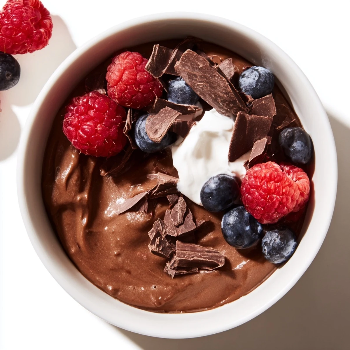 Une portion de chocolat pudding à l'avocat crémeux, garni de baies fraîches pour un dessert sain.