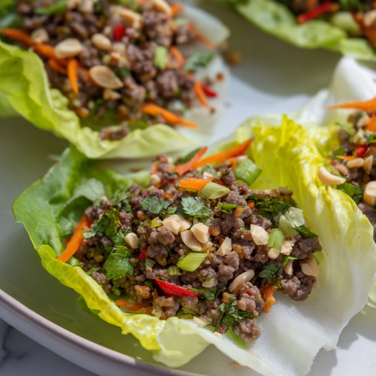 Savoureuses coupelles de laitue au bœuf, garnies d'un mélange aromatique et frais à la lime.