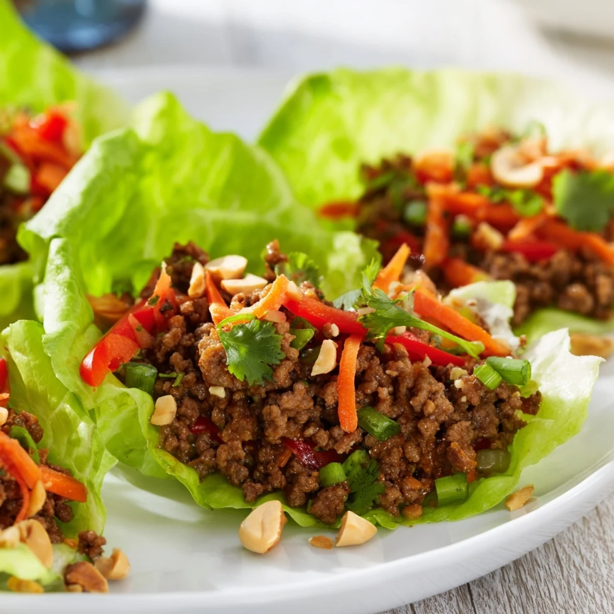 Les belles coupelles de laitue au bœuf, préparées avec de la viande hachée, des légumes et des saveurs asiatiques.