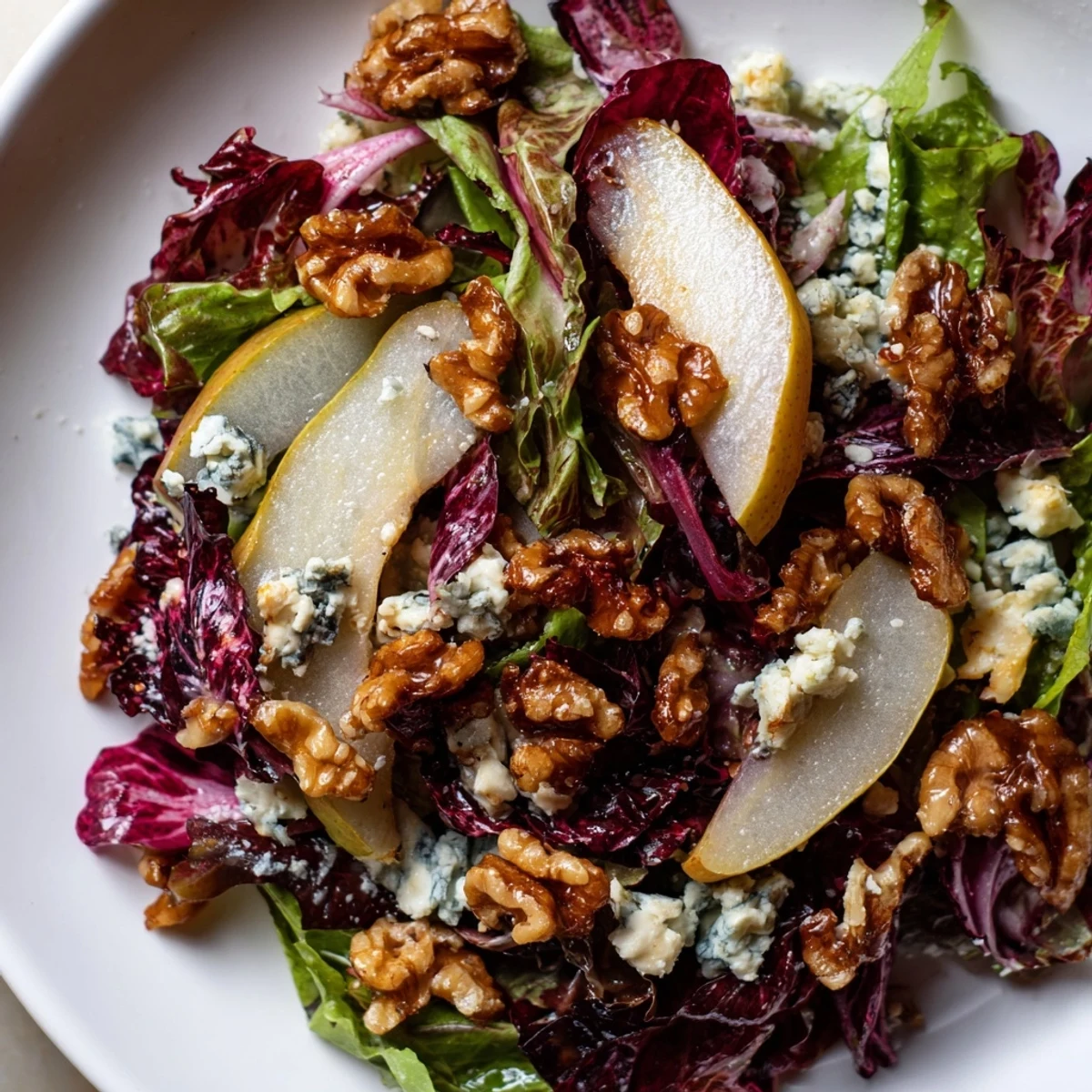 Salade d'Hiver aux Poires et Noix Grillées, généreuse en crudités et noix croquantes sur un lit de roquette et radicchio.