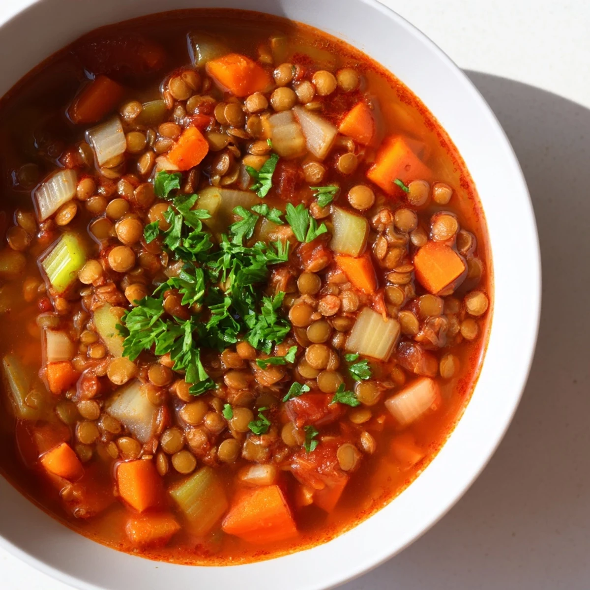 Une soupe épaisse et fumée de Spicy Lentil Soup with Carrots and Celery, garnie de persil frais et de zestes de citron.