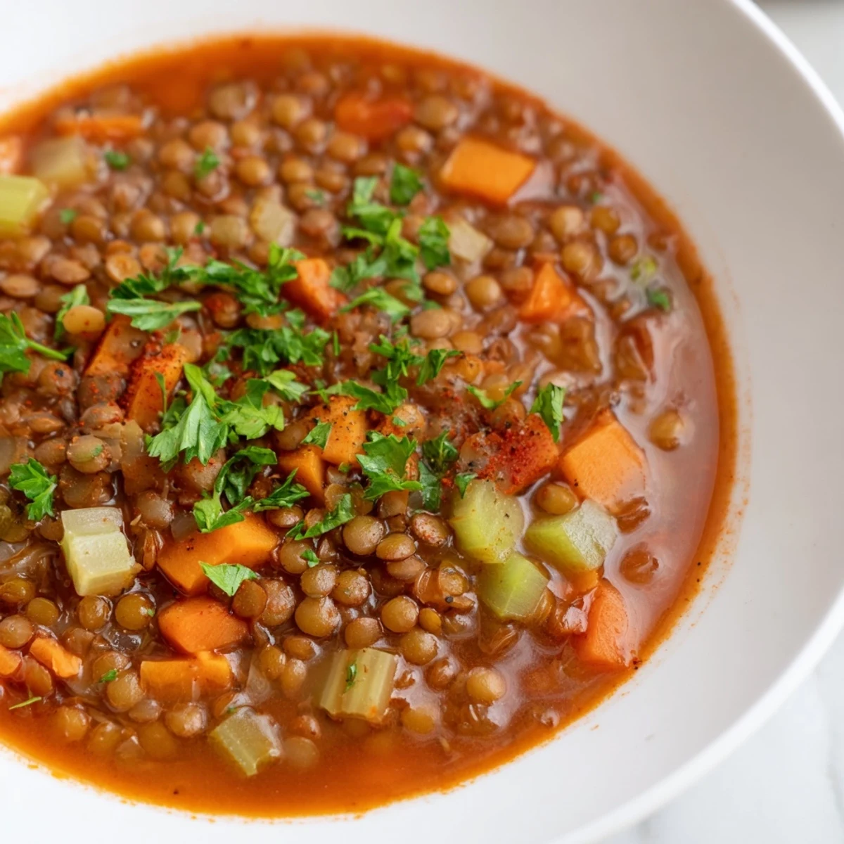 La vapeur s'échappe d'une Spicy Lentil Soup with Carrots and Celery, avec des carottes dorées et du céleri croquant bien cuites.