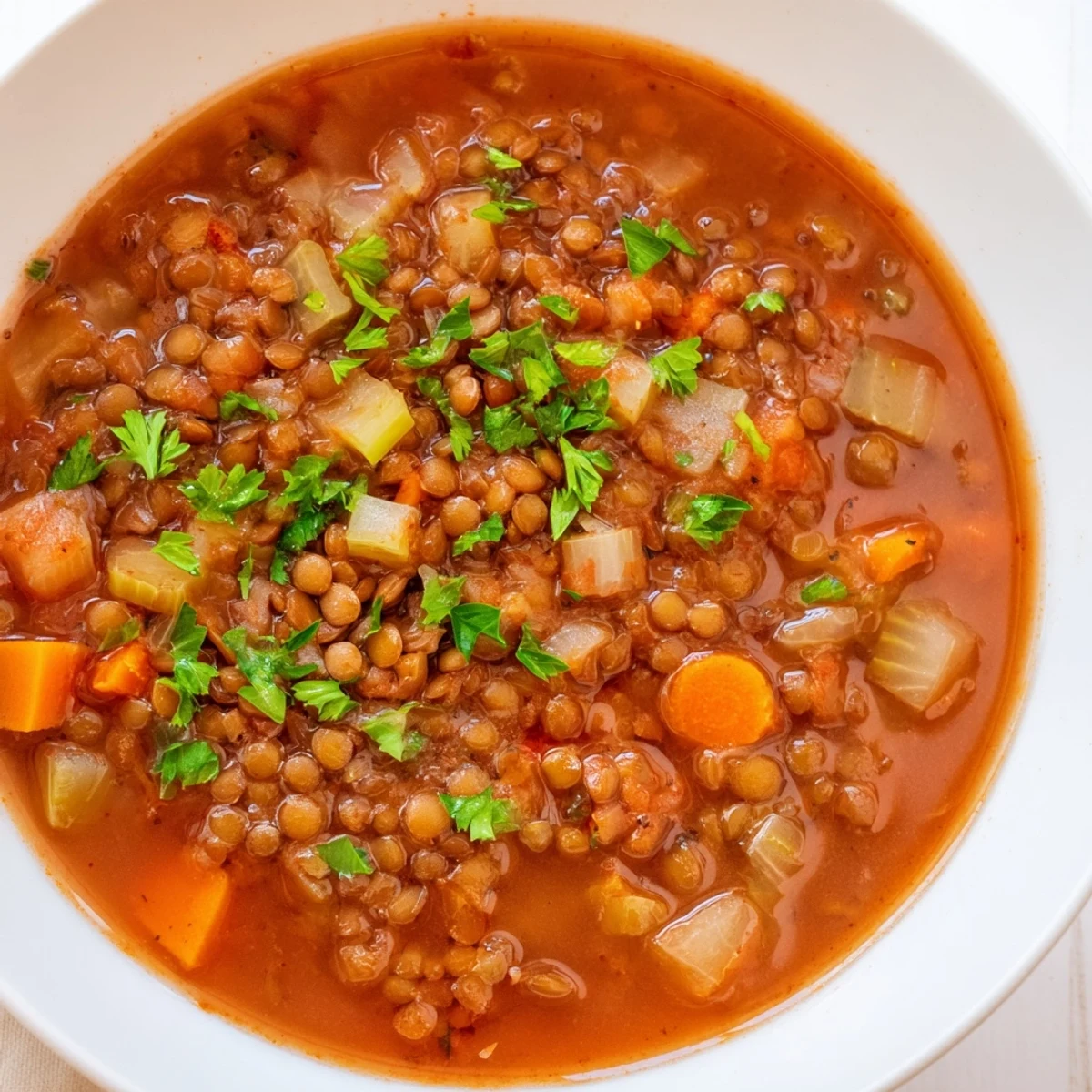 On sert cette Spicy Lentil Soup with Carrots and Celery dans une coupe, accompagnée d'un tranche de pain grillé croustillante.