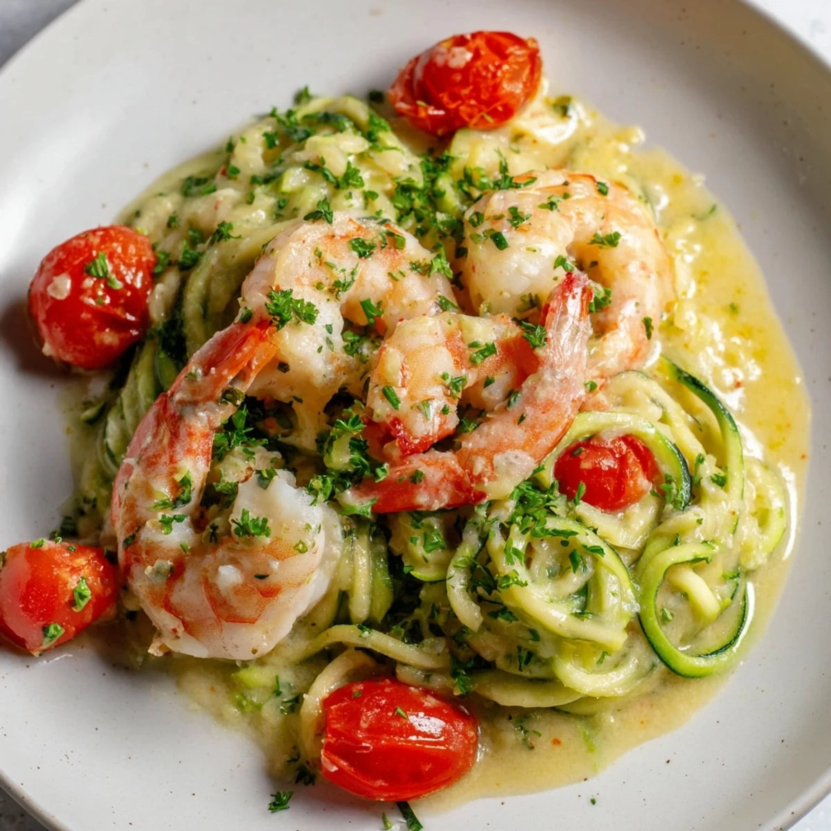 Crevettes crémeuses à l'ail sur un lit de nouilles de courgette, un plat appétissant. 