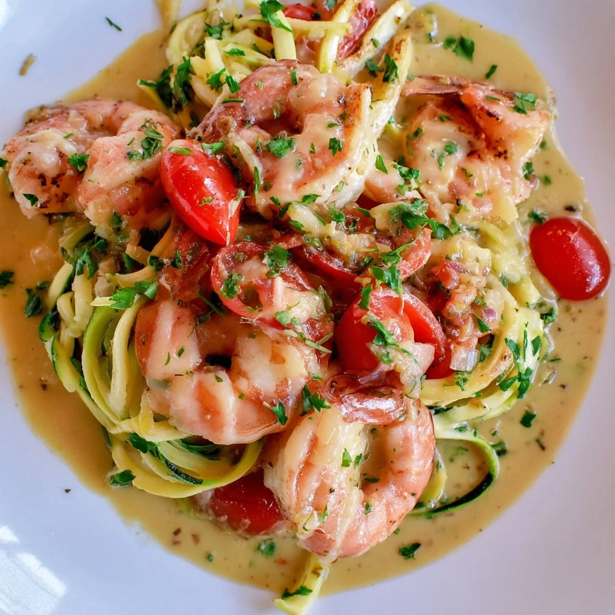Un plat de crevettes à l'ail dans une sauce crémeuse, avec des spaghettis de courgette. 