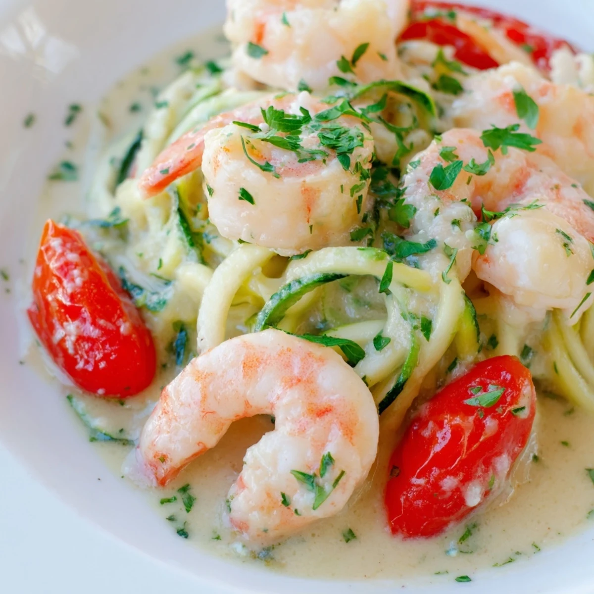 Crevettes et nouilles de courgette dans une sauce à l'ail, un repas savoureux.