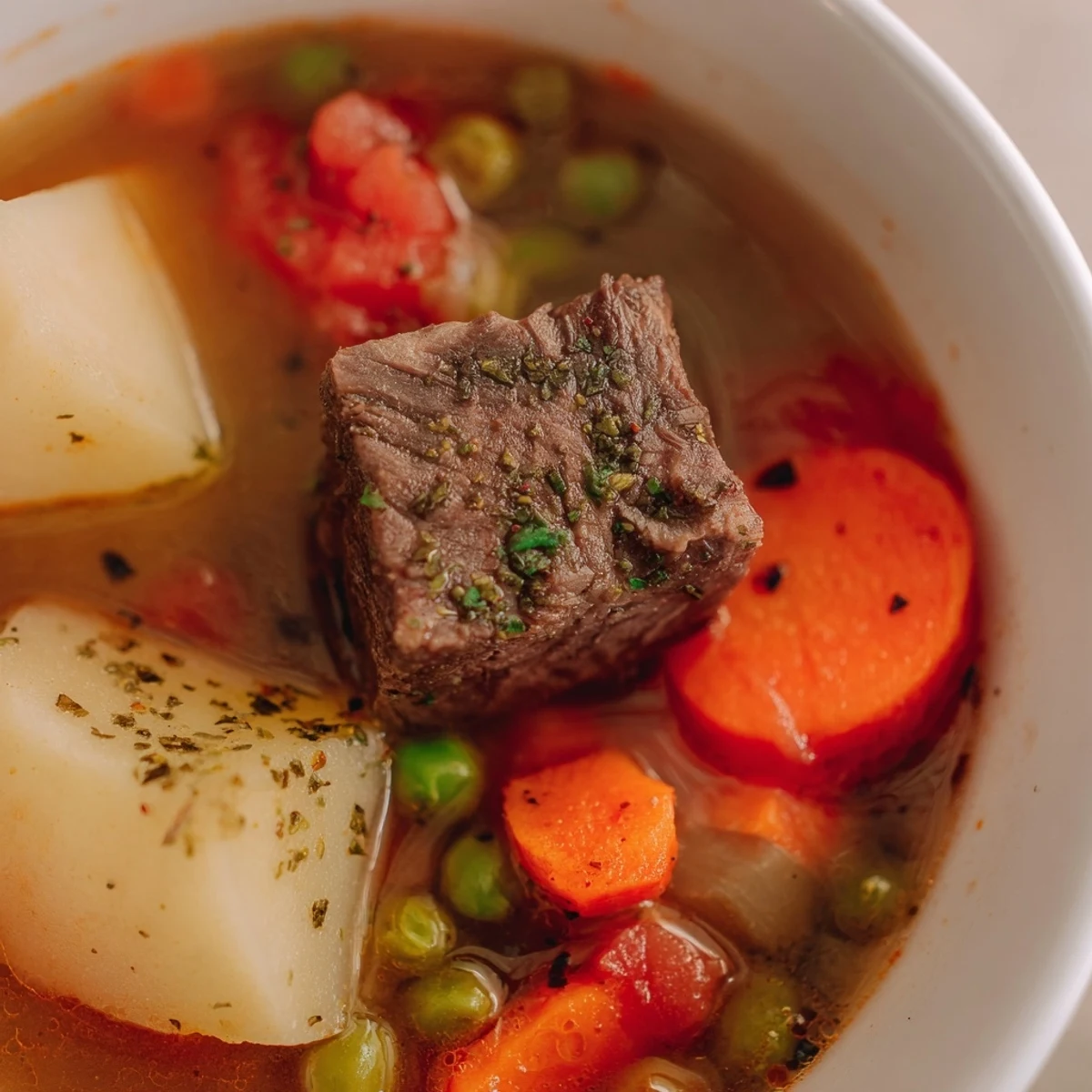 Soupe Bœuf Légumes avec Pommes de Terre et Petits Poêts, bien chaude dans un bol avec du pain grillé.