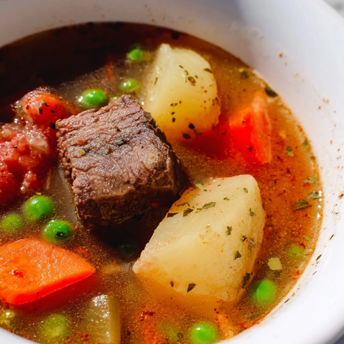 Cette soupe mijotée de bœuf offre des pommes de terre fondantes et de petits pois sucrés, parfaite pour l'hiver.