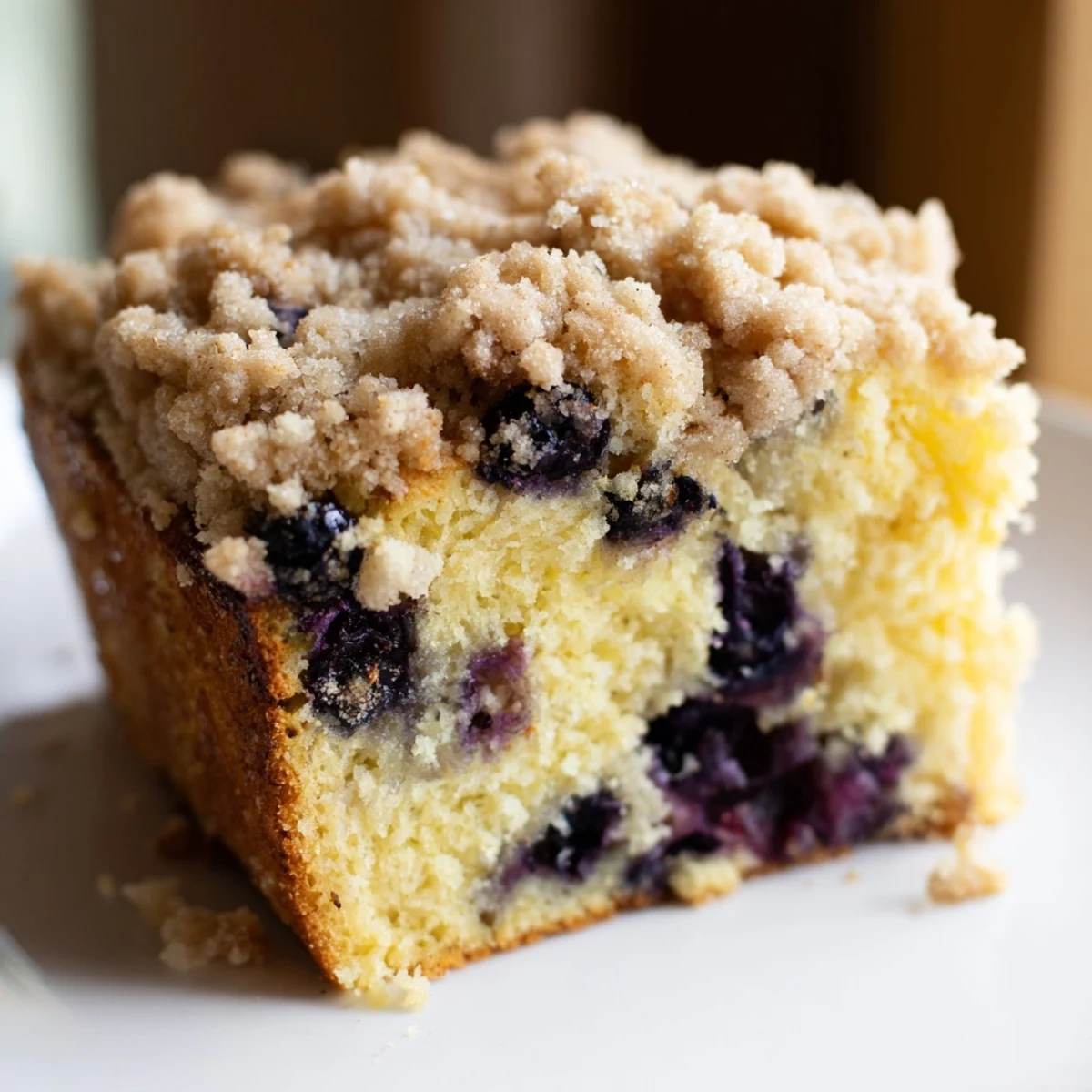 Gros plan sur des morceaux de pain rapide au citron et myrtilles, avec une chapelure croquante au beurre.