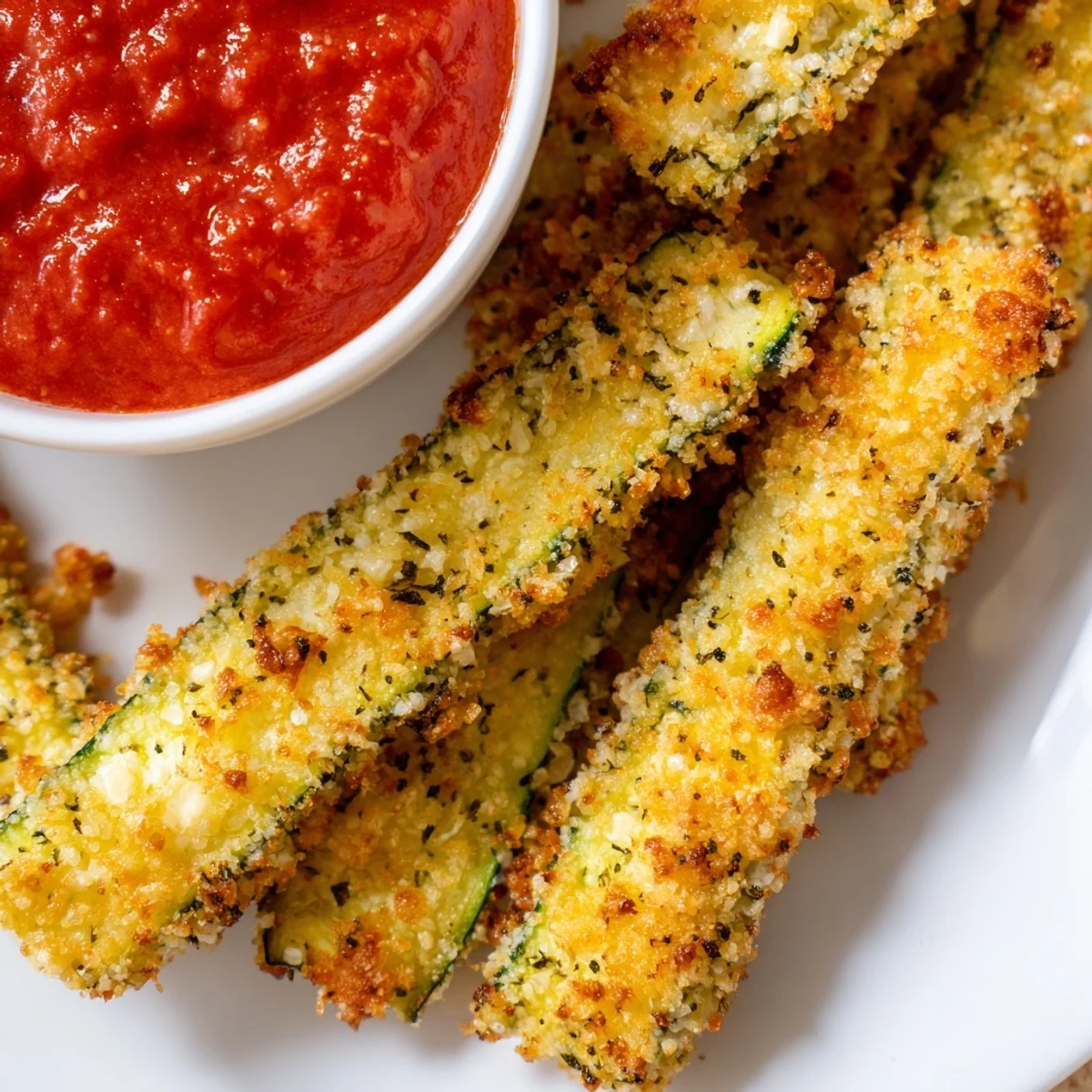 Baked Zucchini Fries with Marinara Dipping Sauce arranged on a rustic platter with lemon wedges and fresh basil leaves.