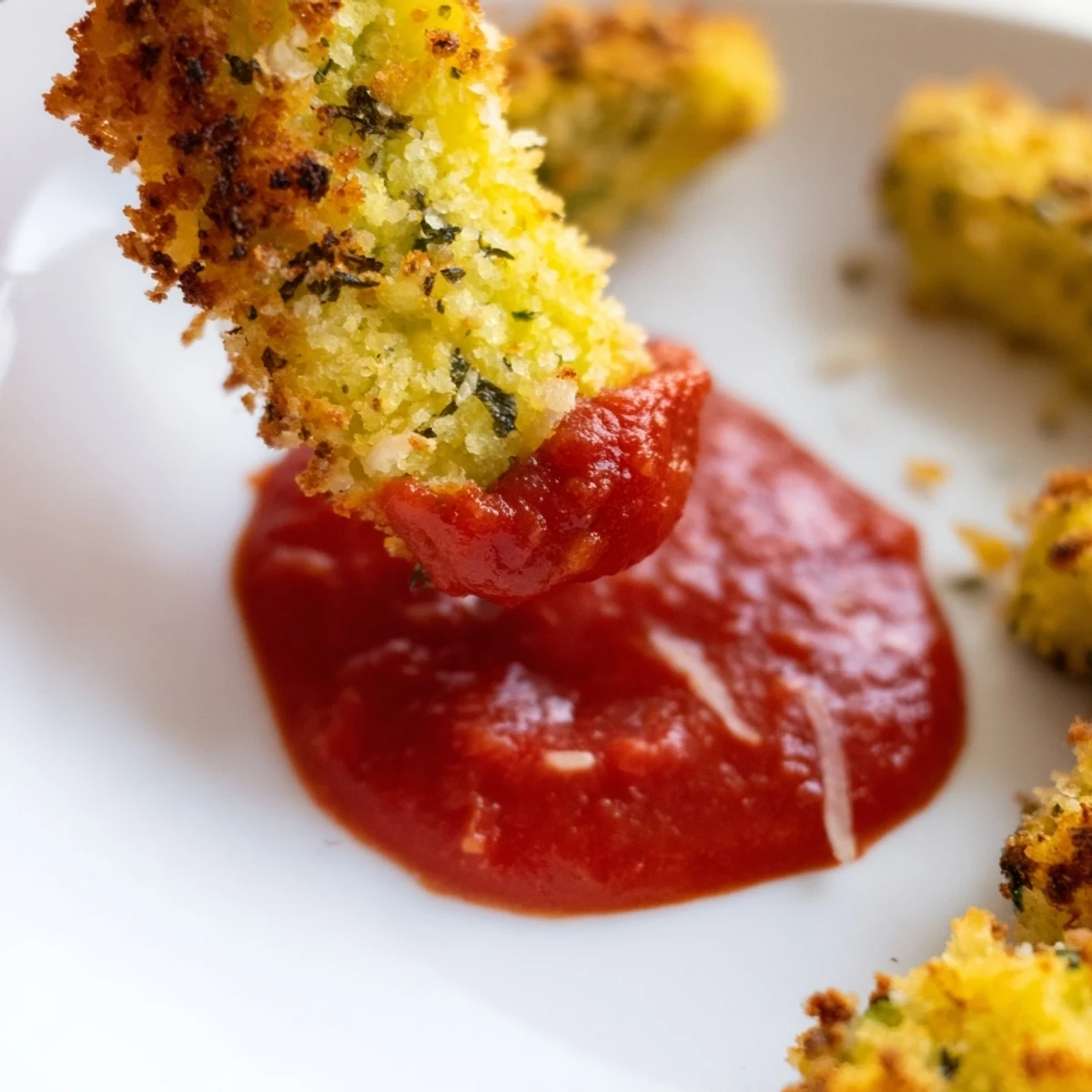 Freshly baked Baked Zucchini Fries with Marinara Dipping Sauce paired with an Italian-style dinner plate for dipping.