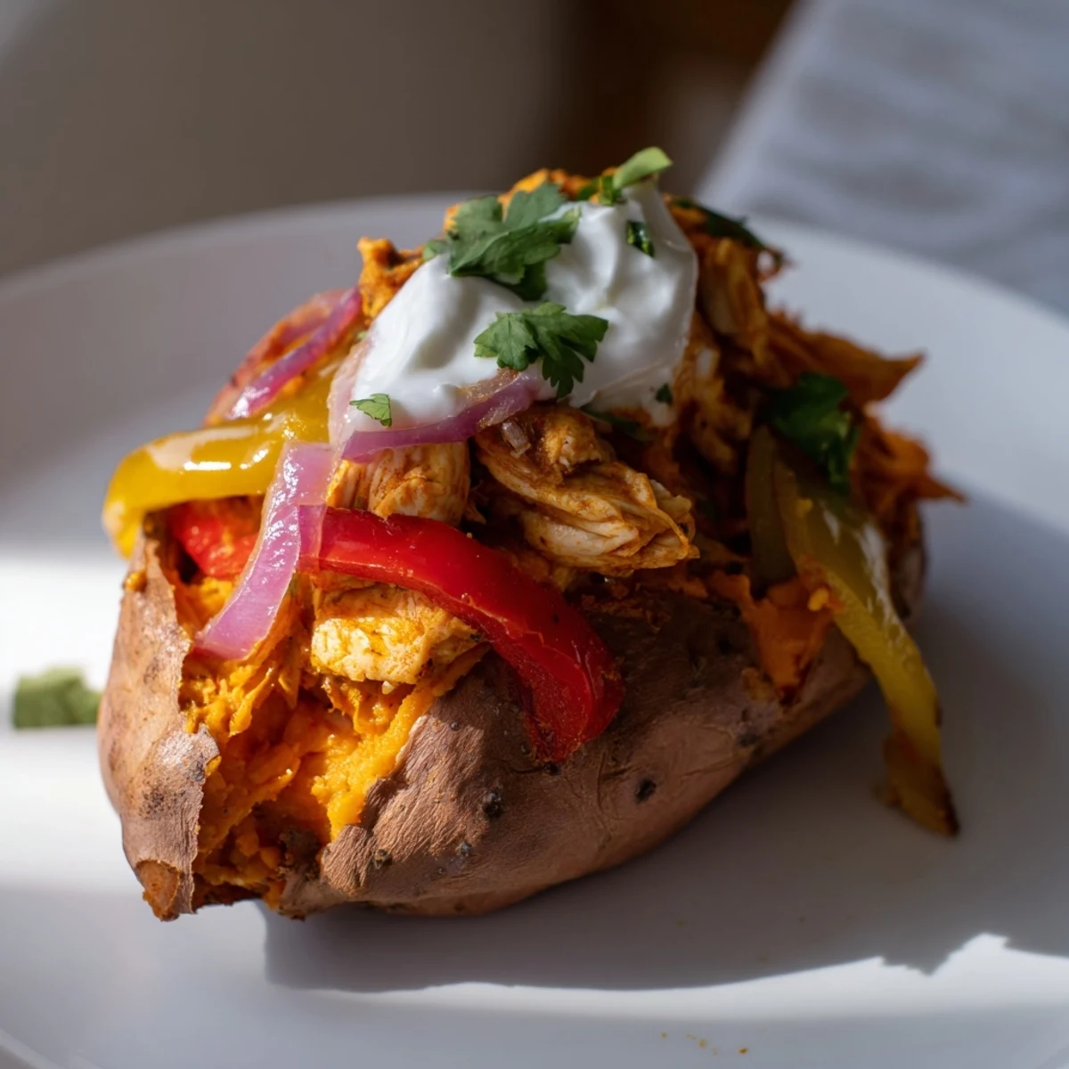 Poulets fajita épicés et poivrons colorés farcissent ces patates douces rôties, garnies de yogourt grec crémeux et coriandre fraîche.