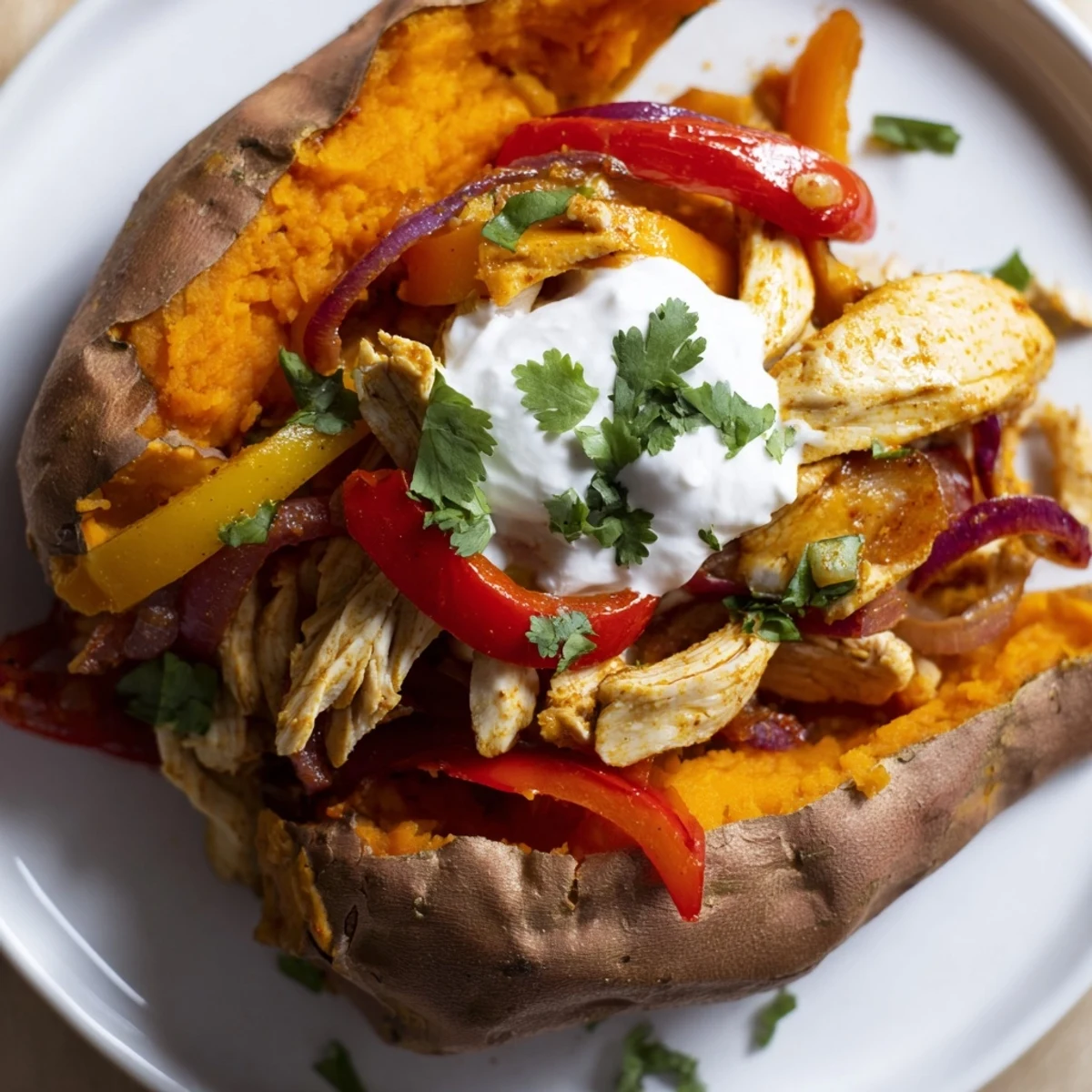 Farcissement épicé de poulet fajita et légumes rôtis dans une patate douce dorée, avec un nuage de yogourt et de coriandre.