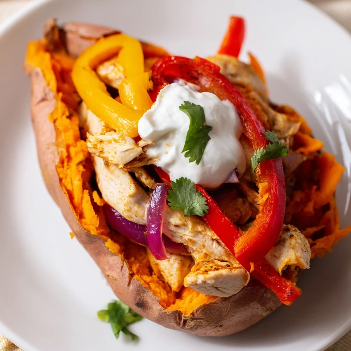 Suggestion de dîner Tex-Mex: patates douces farcies d'un mélange de poulet, poivrons et oignons, nappées de crème et de coriandre.