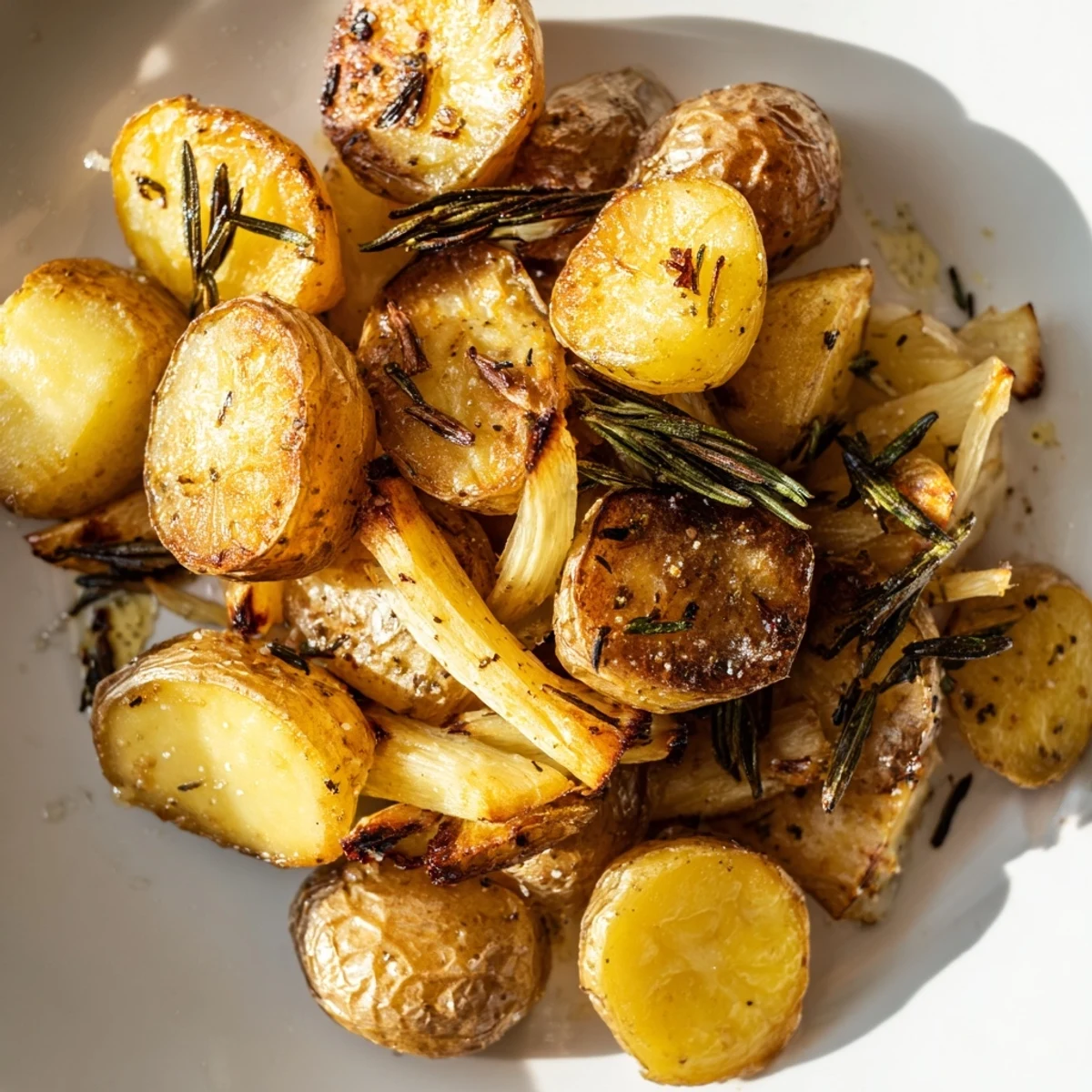 Pommes de terre et panais dorés au four, parfumés d’herbes, servis bien croustillants