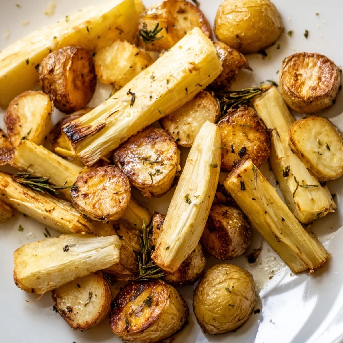 Pommes de terre et panais croquants au four, nappés d’un filet d’huile d’olive et de romarin