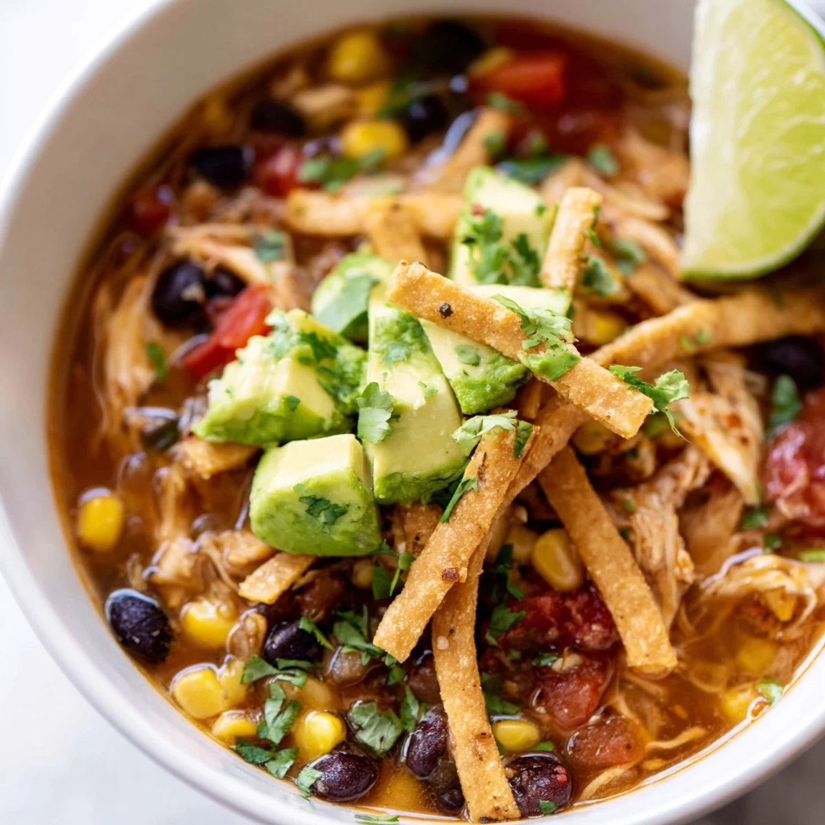 Un bol de soupe épicée au poulet avec tortilla, avocat et lime pressée.