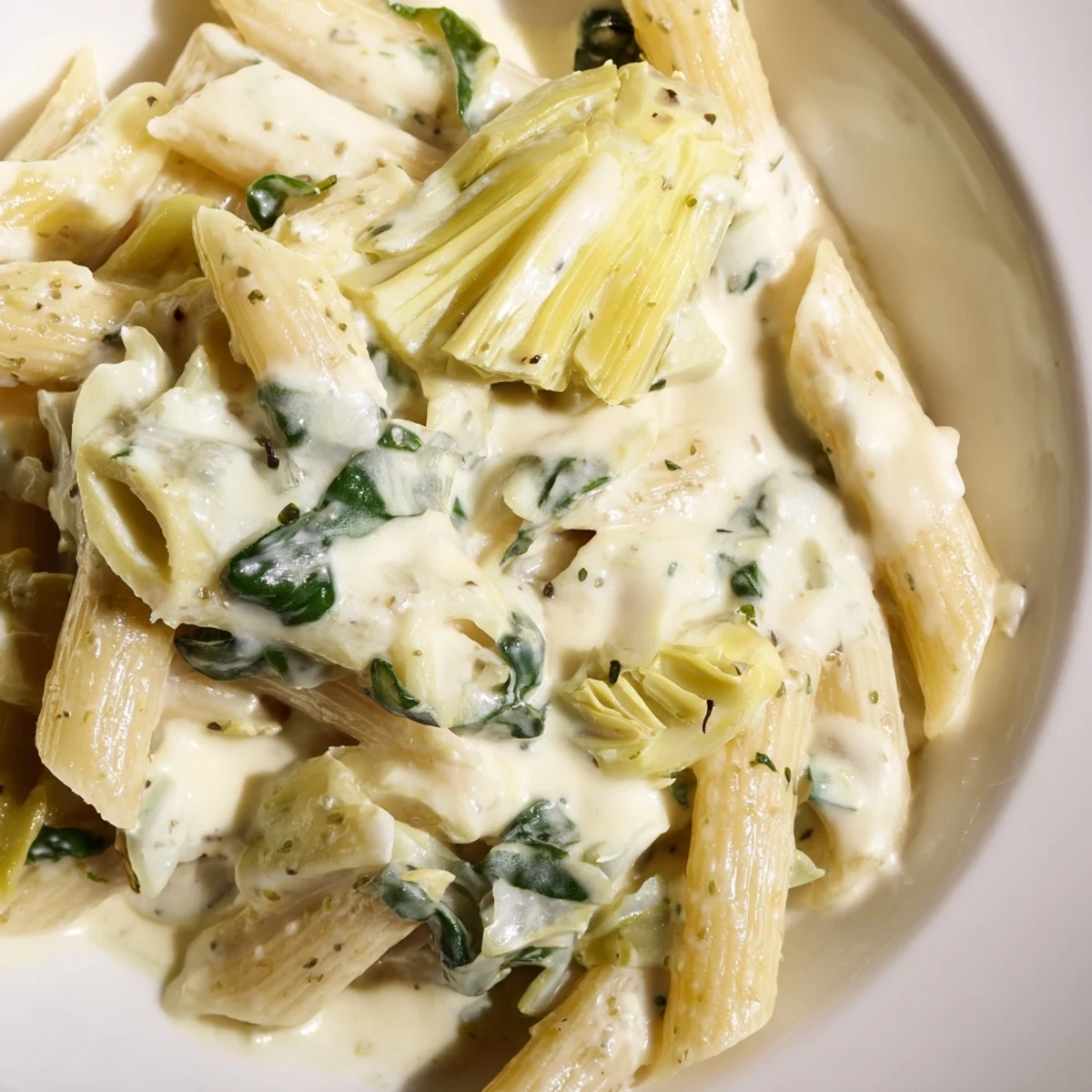 Creamy Spinach and Artichoke Penne twirled on a fork, coated in velvety Parmesan sauce.