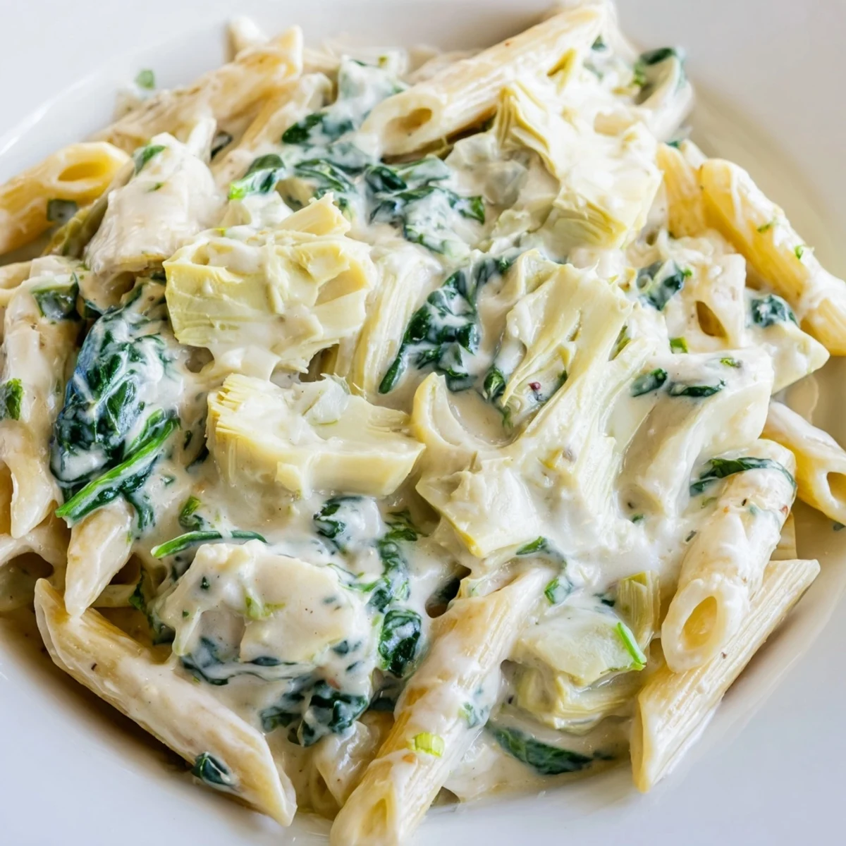 Sizzling skillet of Creamy Spinach and Artichoke Penne, steam rising above creamy noodles.